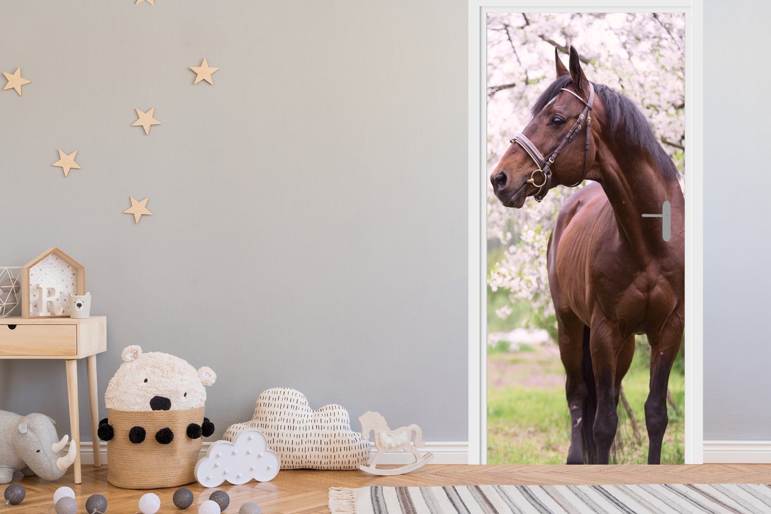 Fototapete bedruckt, - Sakura Pferd (1 cm für Tür, St), - Halfter, Türaufkleber, 75x205 MuchoWow Türtapete Matt,