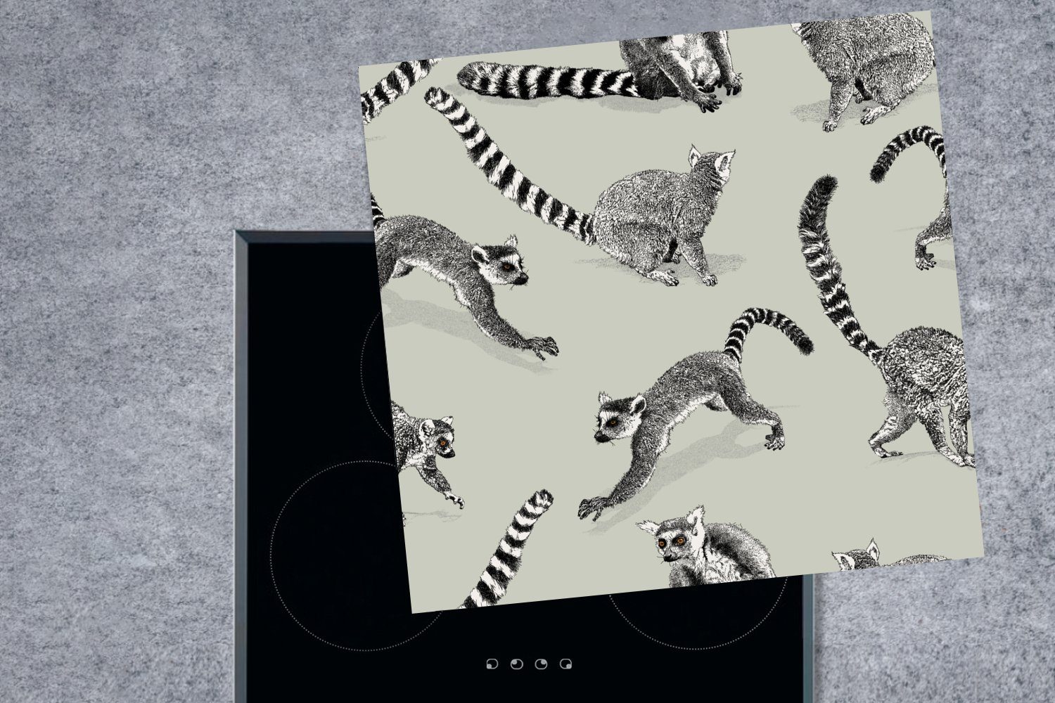 Herdblende-/Abdeckplatte von küche 78x78 auf Arbeitsplatte Lemuren Muster Vinyl, Ceranfeldabdeckung, MuchoWow für cm, hellgrünen tlg), einem (1 Hintergrund,