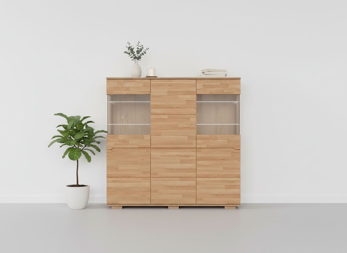 OTTO home Highboard VETRO Teilmassiv, Fronten Massivholz, Wohnzimmer, Stauraum,Griffmulde, B/T/H:150/40/1445,5cm, 15geschlossene Fächer,verstellbare Einlegeboden