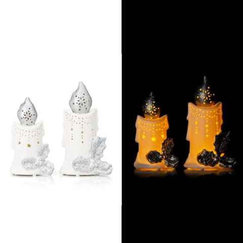 Online-Fuchs LED Dekoobjekt 2er Set als dekorative Kerzen aus Keramik mit LED Beleuchtung SILBER, LED fest integriert, Lichtfarbe: warmweiß, mit Mistelzweig-Optik, zwei Höhen (19 und 23 cm), 6-Stunden Timer