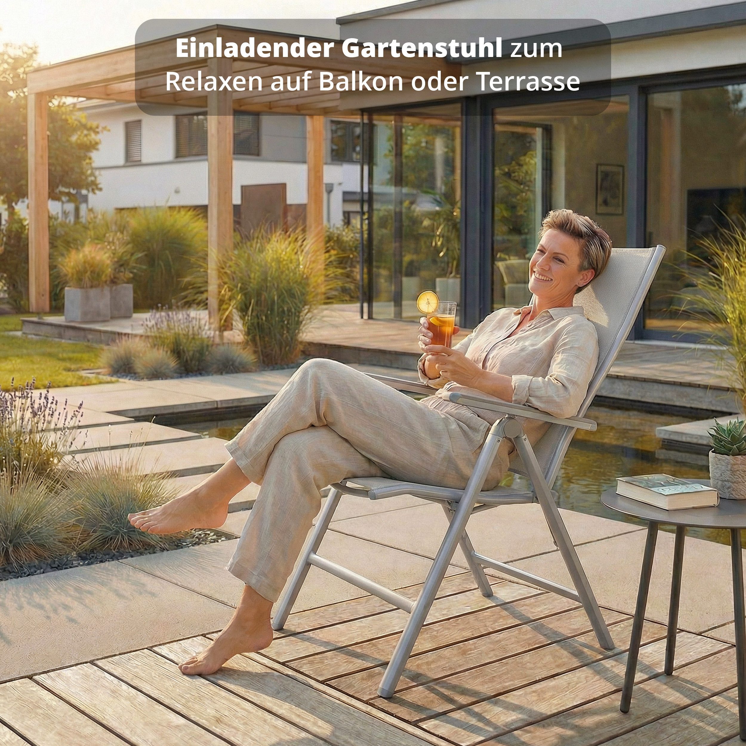 KHG Gartenstuhl Alu Klappstuhl, 8-Fach verstellbare Rückenlehne mit Armlehne (wetterfest, klappbar, rostfrei, vormontiert), wetterfest, klappbar, rostfrei, vormontiert, Alu Kunststoff Gewebe