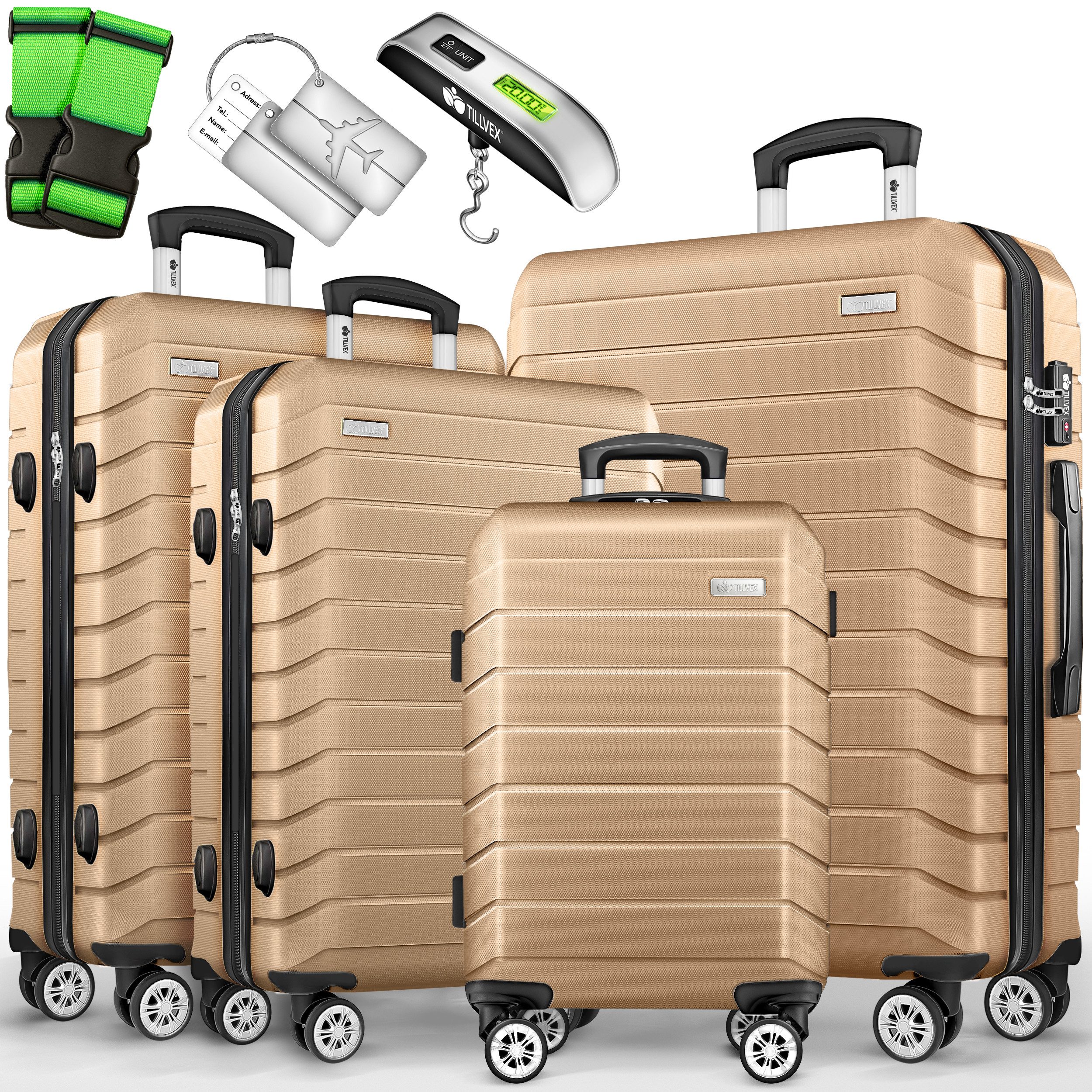 tillvex Trolleyset tillvex® Reisekoffer Set Koffer Hartschale Trolley Kofferset Tasche, (TSA Schloss Rollkoffer S-M-L-XL, 4 tlg., 4 Rollen Trolley Gepäck Koffer), Reisekoffer Set 4-TLG. + Gepäckwaage, 8X Gurte & 4X Anhänger Kofferset