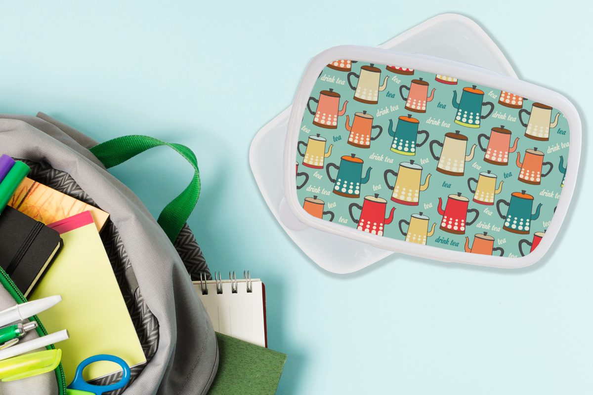 MuchoWow Lunchbox - Kunststoff, Muster Erwachsene, und weiß Teekanne für Mädchen Jungs Brotbox Kinder Brotdose, und - - für (2-tlg), Vintage, Tee