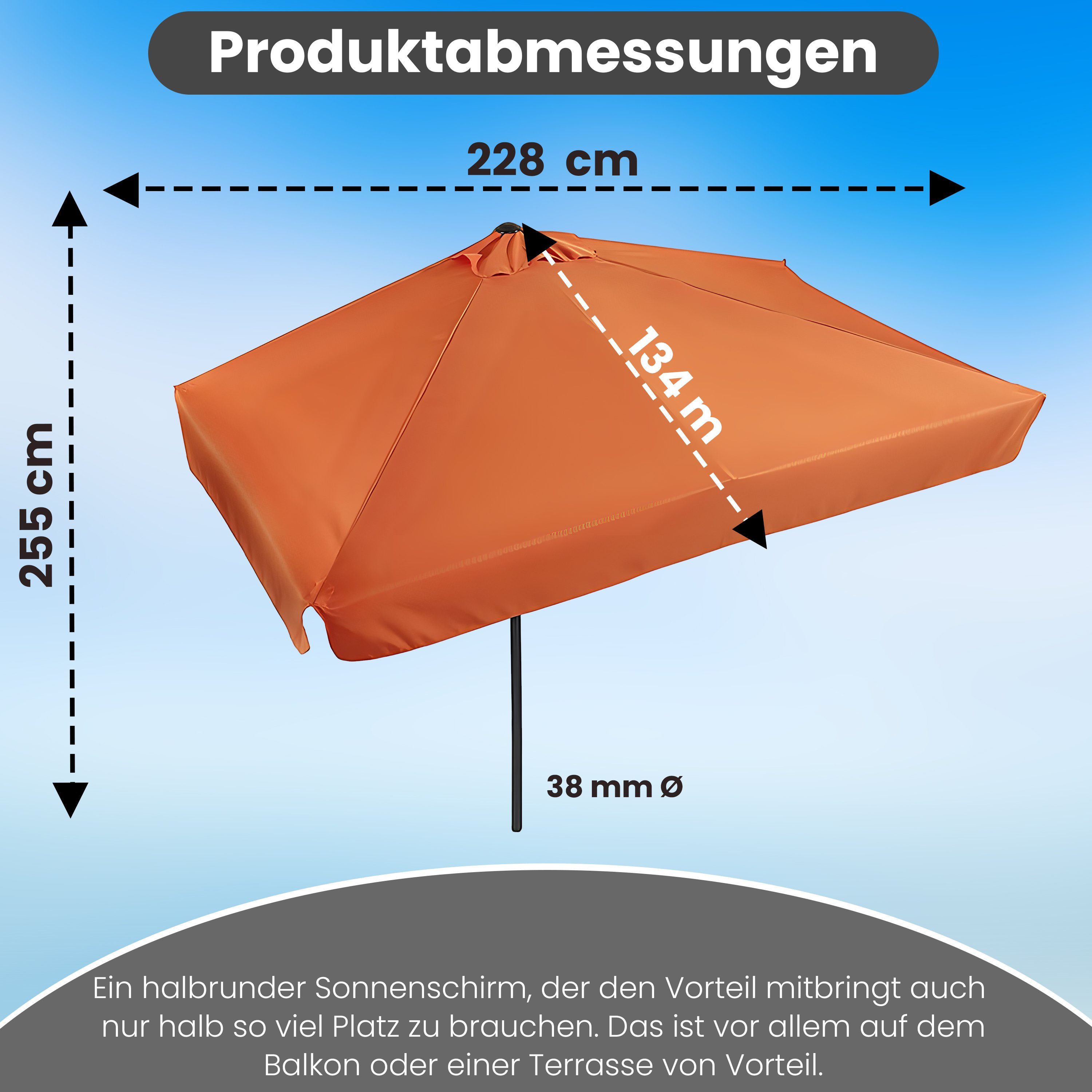habeig Balkonschirm Sonnenschirm halbrund #71 rechteckig Wandschirm für Balkone Terrassen, LxB: 255x228 cm, Ohne Schirmfuss