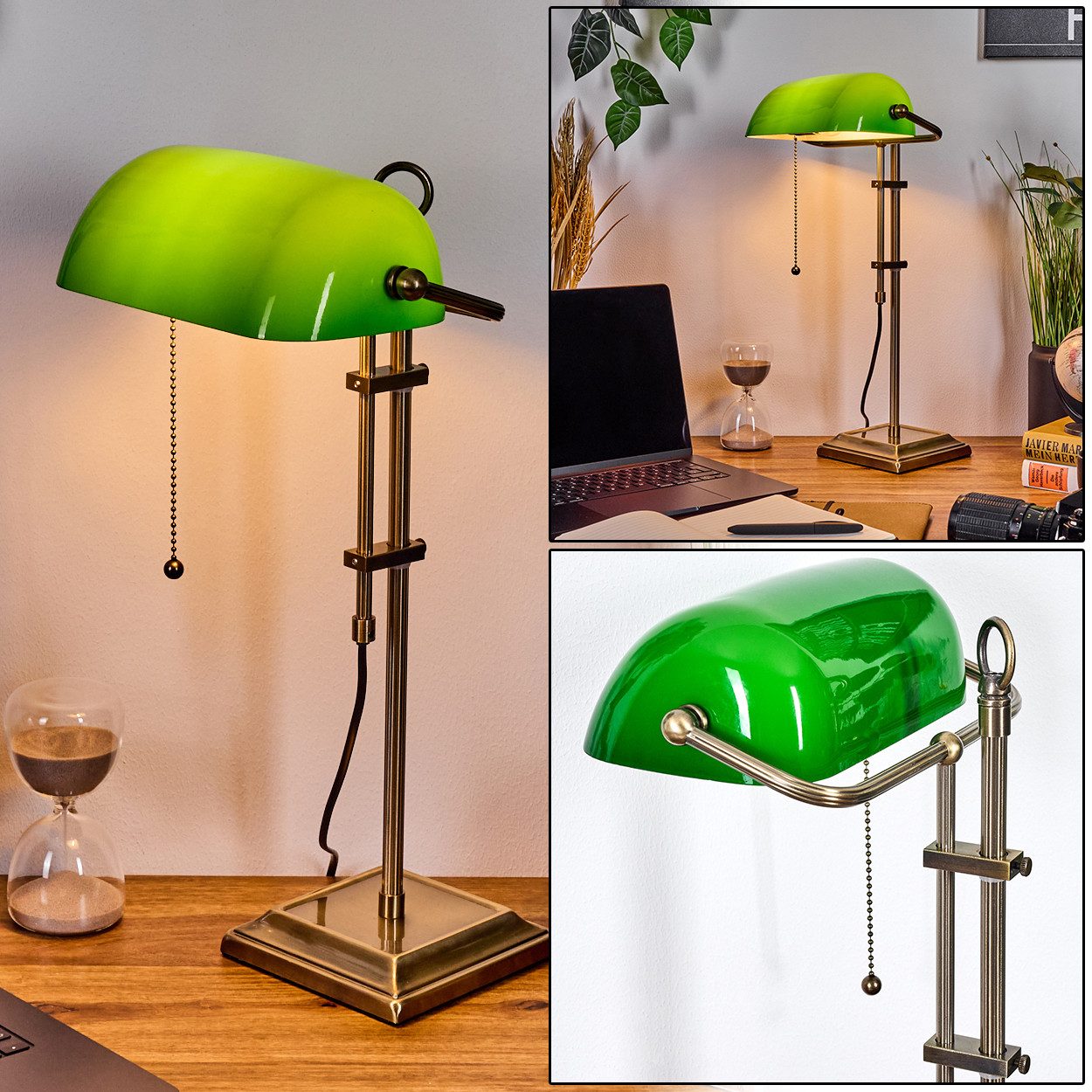 Tischleuchte Tischlampe aus Metall/Glas in Altmessing/Grün/Weiß