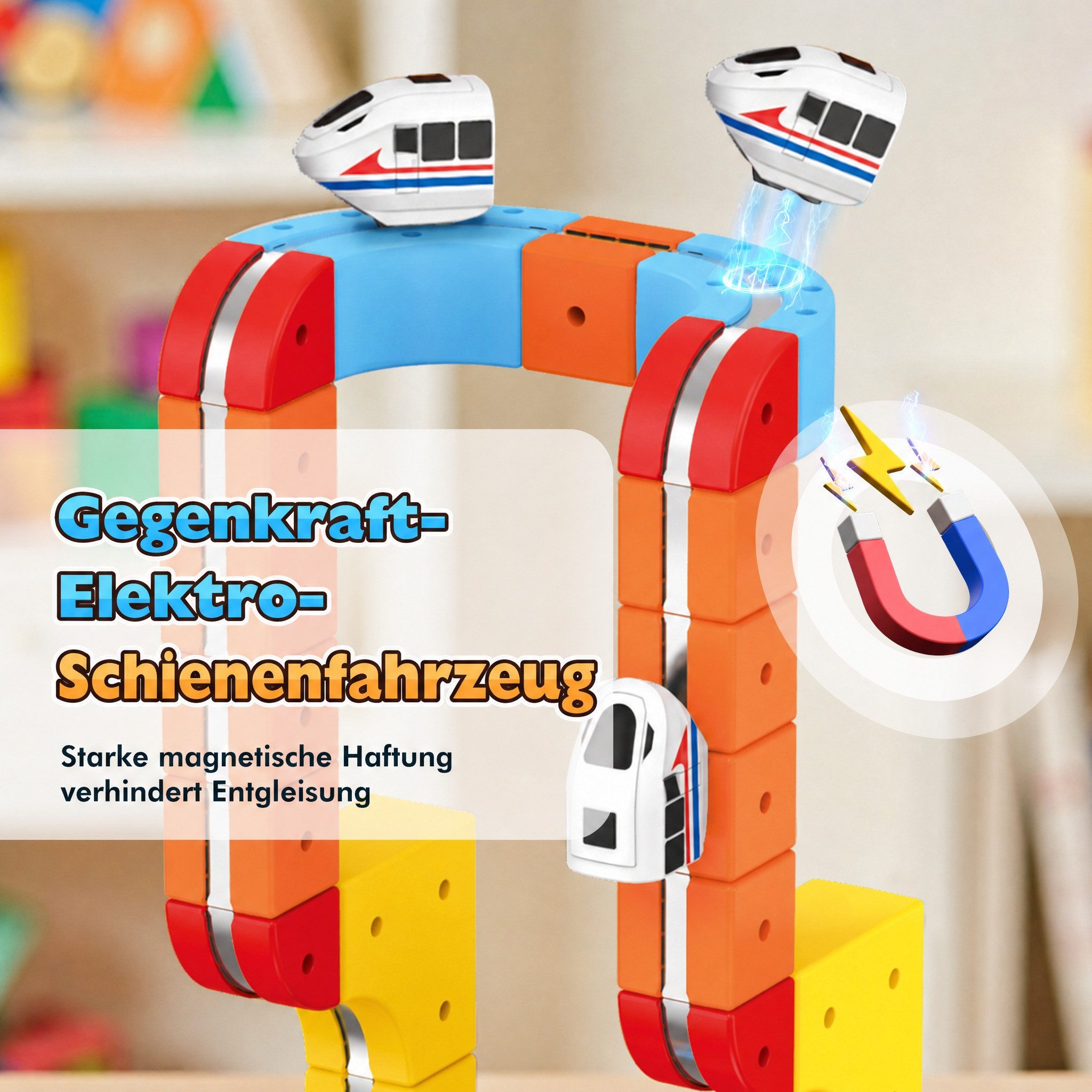 Wootoy Spielzeug-Eisenbahn Autorennbahn Lernspielzeug Zugbahn-Set Spielzeug-Zug mit USB-aufladbar, (mit Anti-Gravity-Technologie Saugnapf-Befestigung, 56-tlg., fördert Kreativität, logisches Denken und praktische Fähigkeiten), 3D-Streckensystem für Brücken, Kurven, Rampen und Rennstrecken
