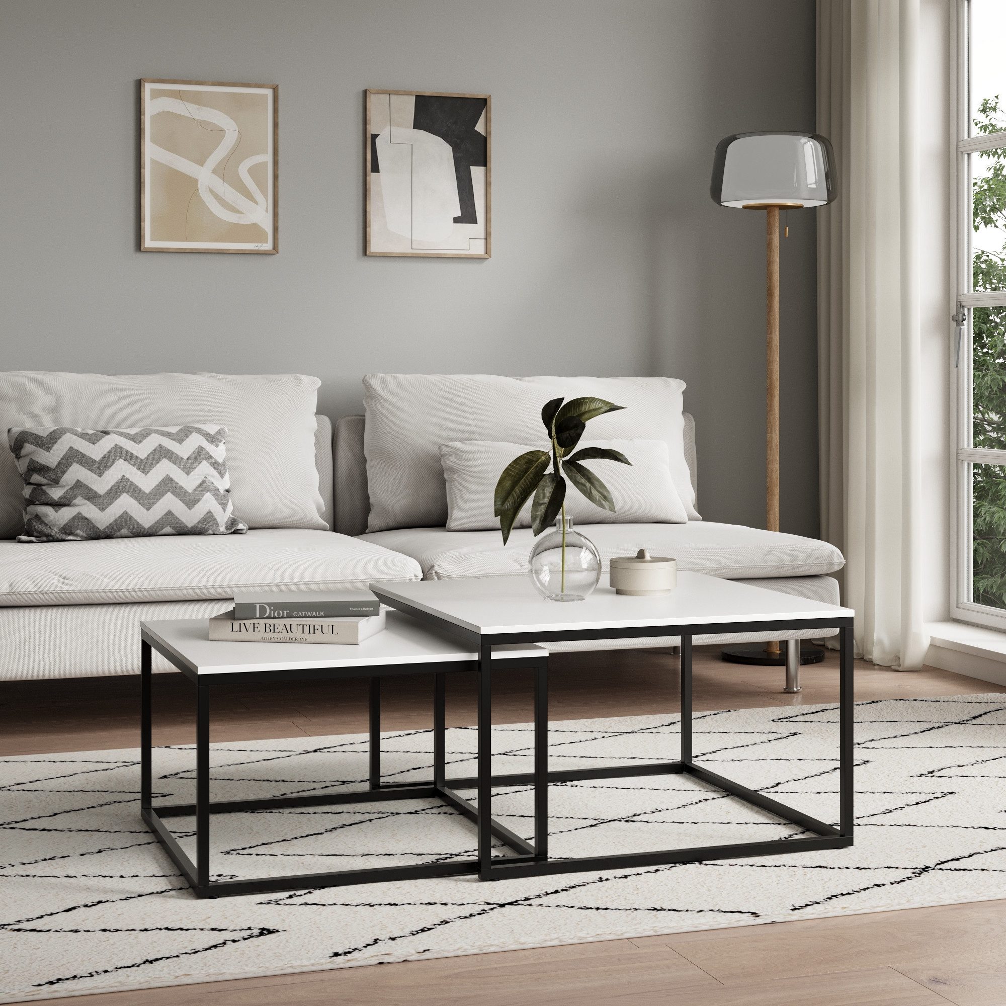 Home Collective Couchtisch Couchtisch 2er Set 42cm und 36cm hoch, Beistelltisch Loft Design, 2 in 1 Verschachtelung, kratzfeste Oberfläche, Wohnzimmer weiß