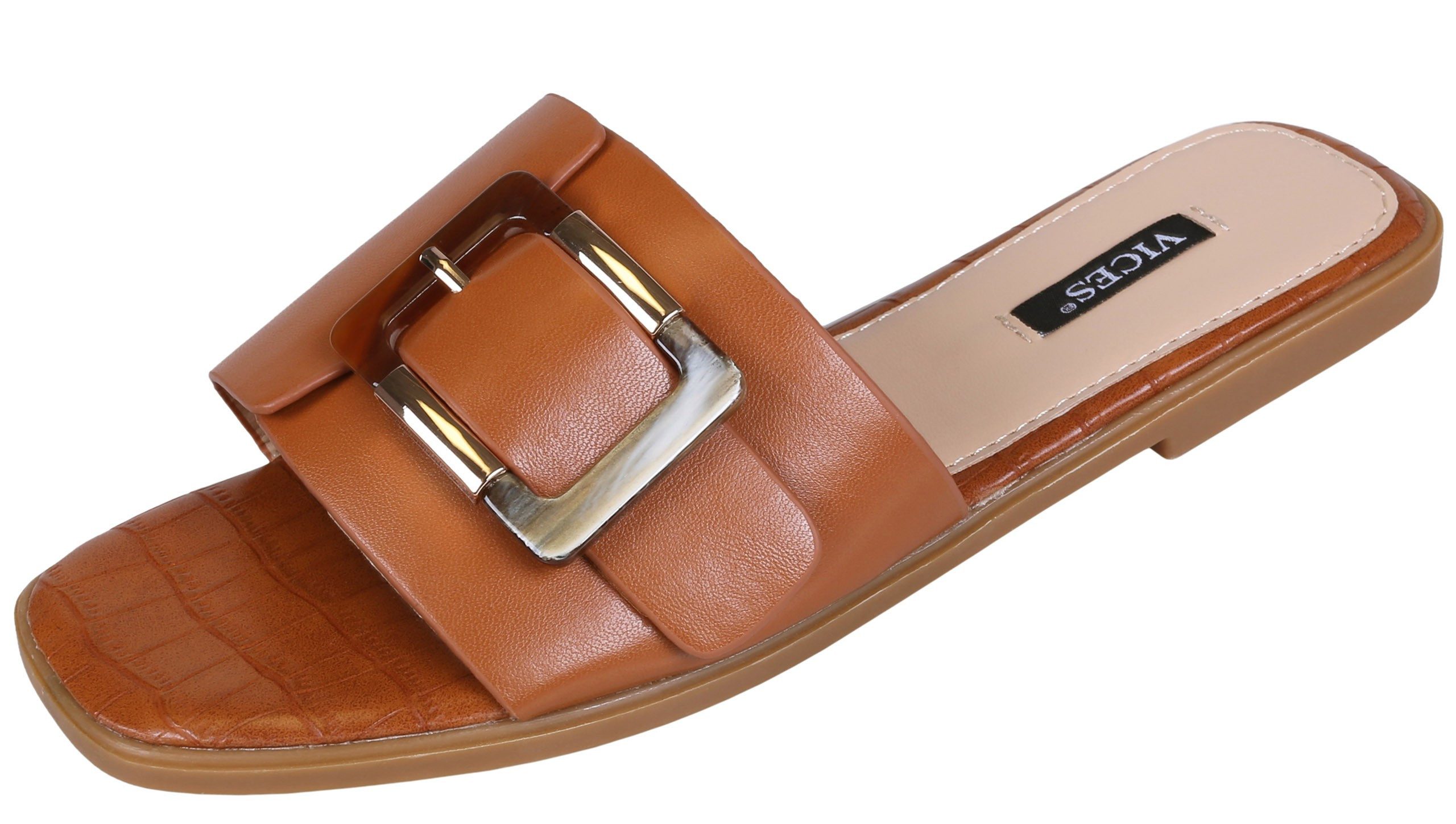 Karamellfarbene Flip-Flops für Damen mit Deko-Schnalle VICES 36 EU Badepantolette