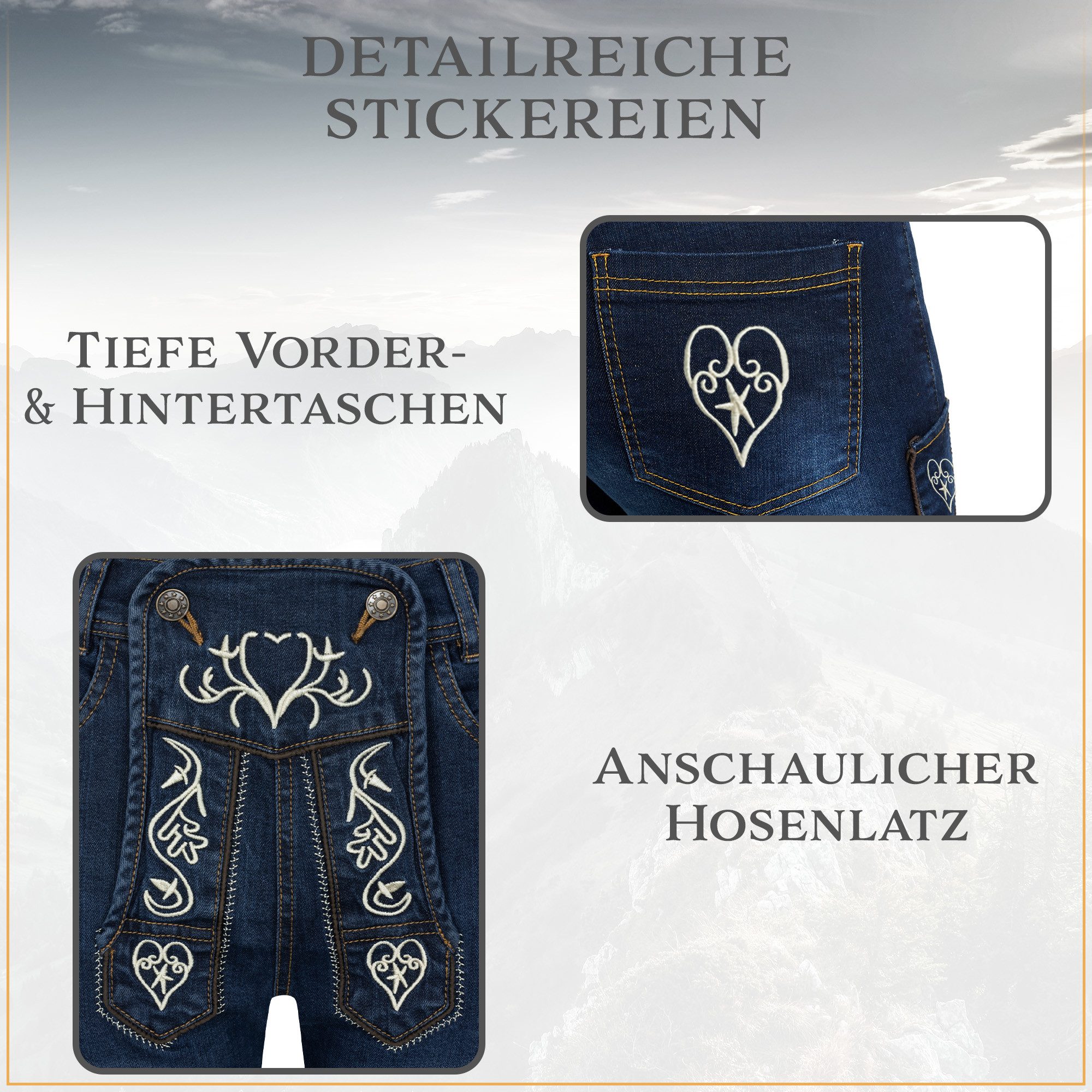 Steigenhöfer Manufaktur Trachtenjeans im Lederhosen Look - Damen Shorts - Stretch für Komfort - Capri Jeans Traditionelles Design - Ideal für Oktoberfest usw. - – Bild 4 von 5
