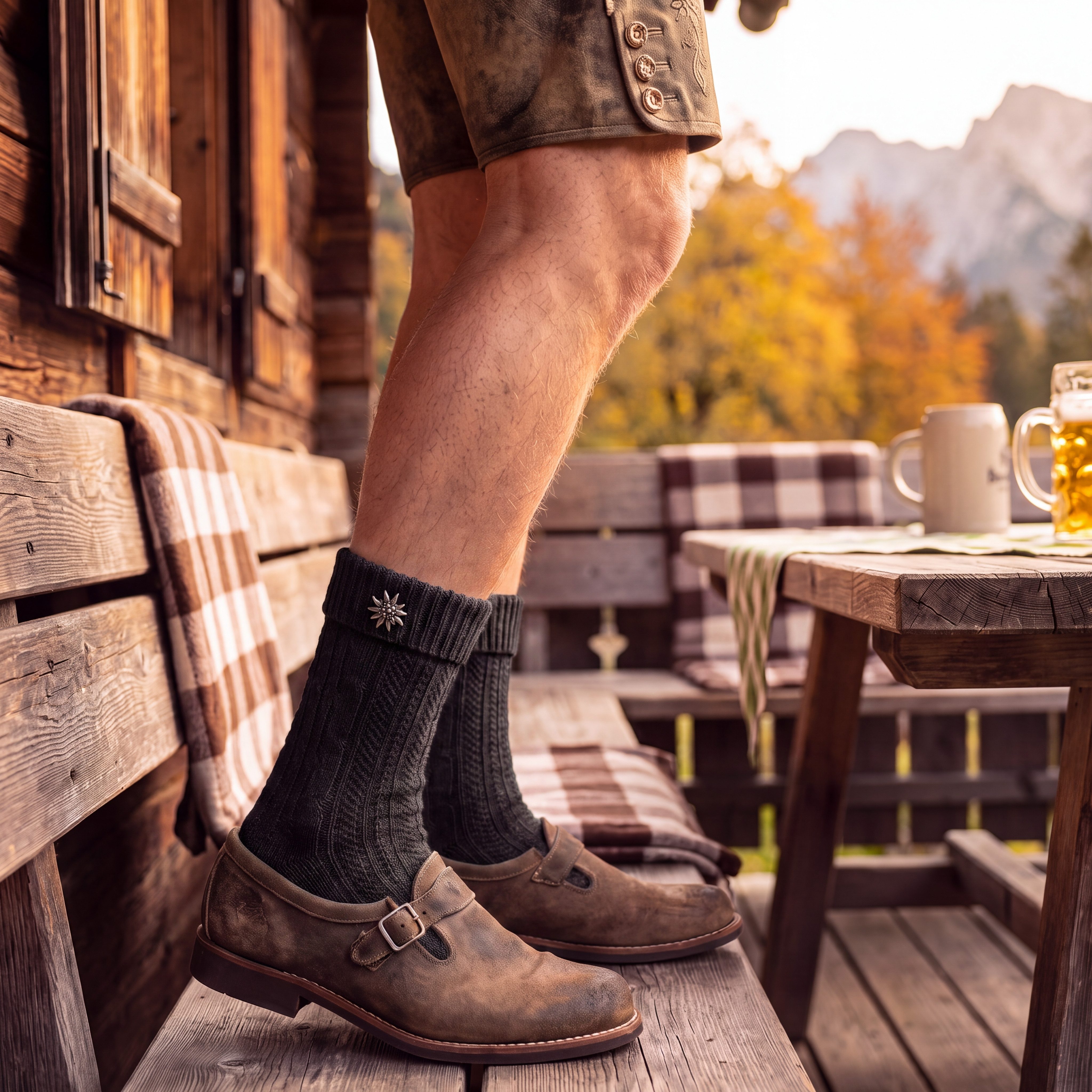 Black Snake Trachtensocken Schoppersocken fürs Oktoberfest mit Edelweiß-Pin für Damen und Herren (Packung, 1-Paar, Schwarz 43/46) Zopfmuster aus Baumwollmix mit – Bild 4 von 5