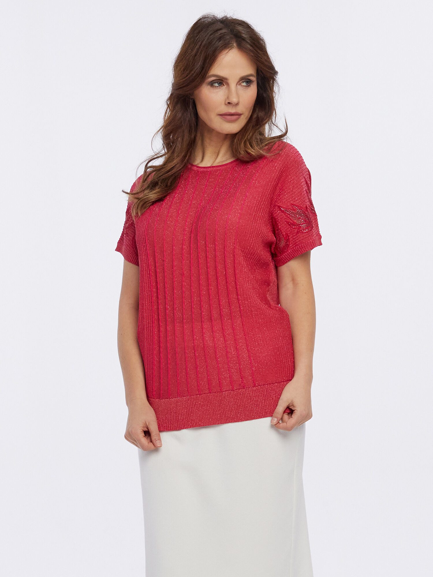 PUNTO & FILO Kurzarmpullover Blusenshirt Figurumspielend in eleganter Plisseeoptik