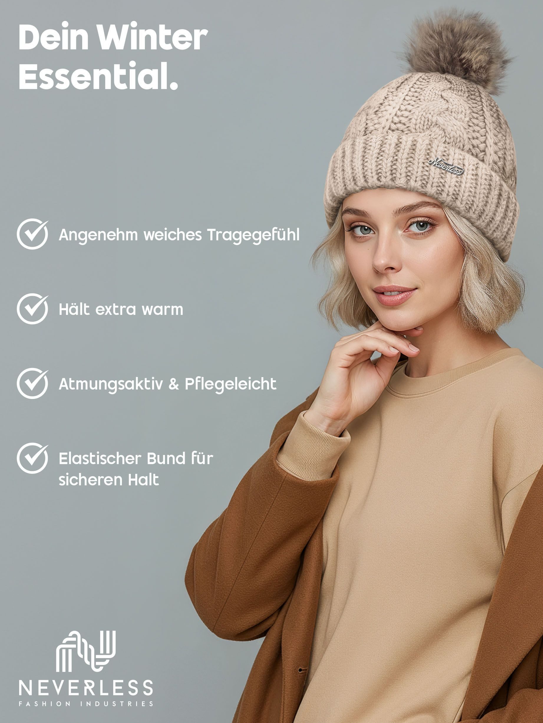 Neverless Bommelmütze Damen Strick-Mütze gefüttert Fell-Bommel Kunstfell Wi günstig online kaufen