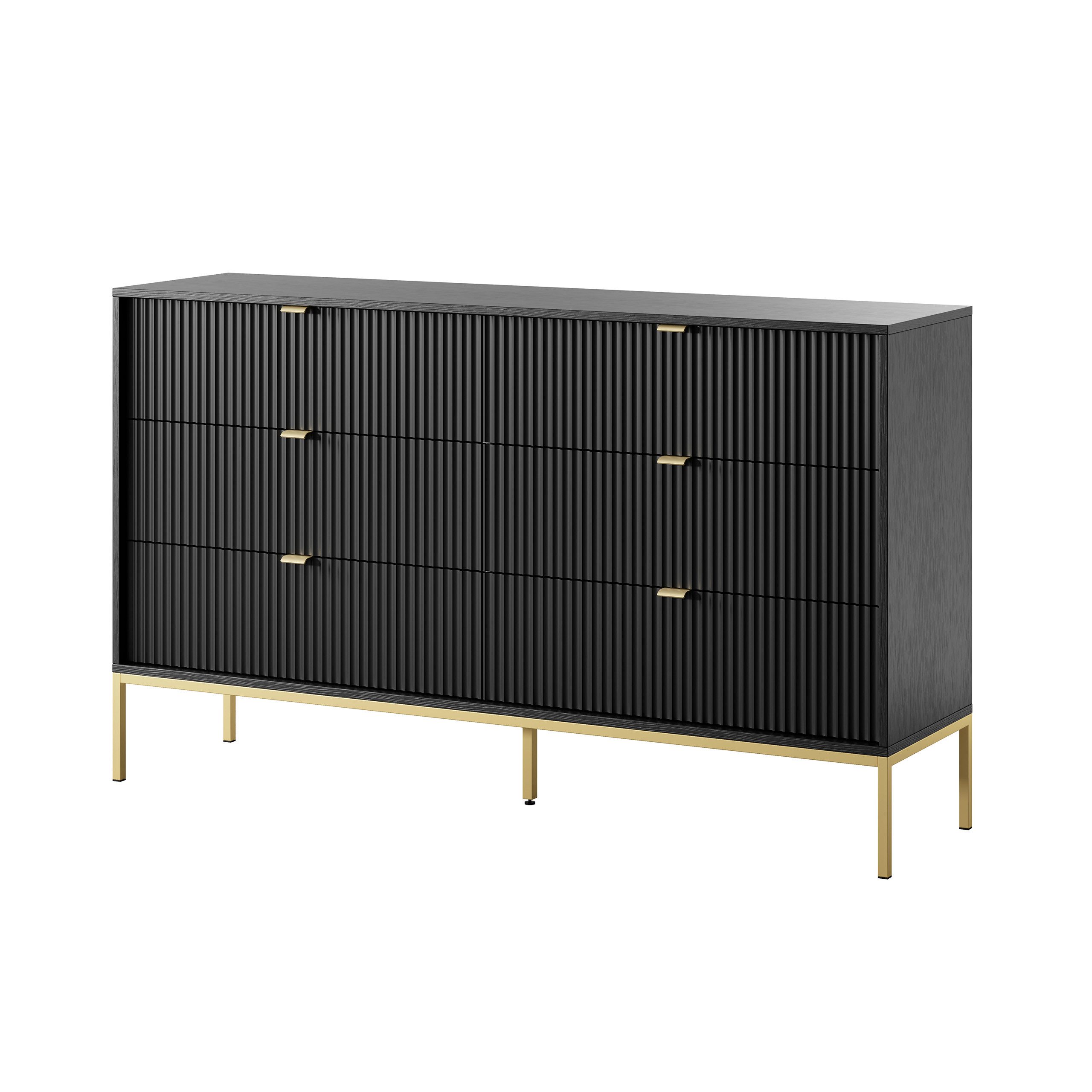Masseno Kommode STELLARE 154 cm Sideboard mit 6 Schubladen schwarz