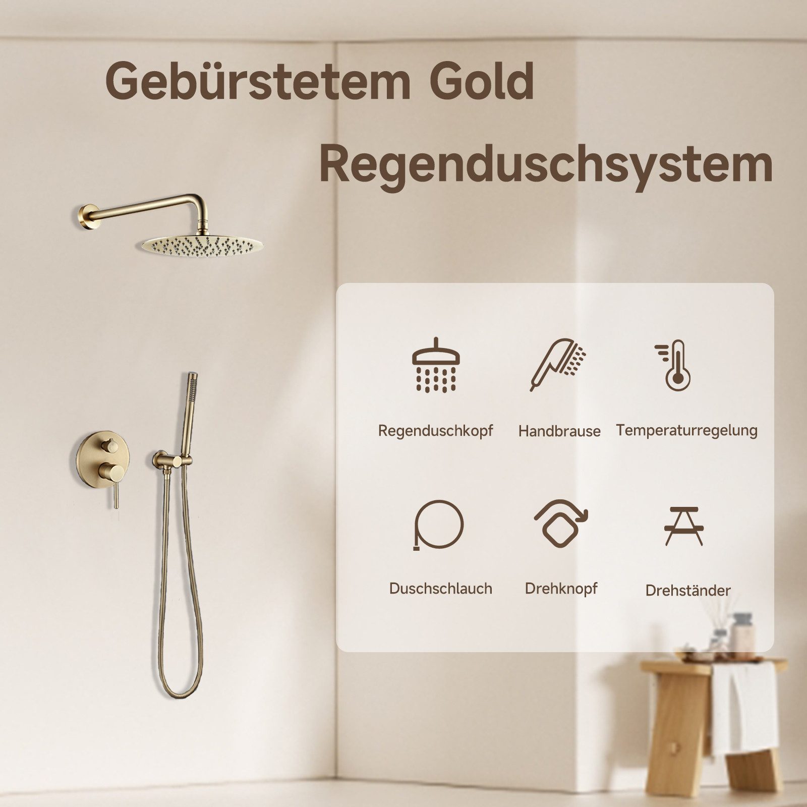 Oihpaw Duschsystem 2-Funktions-Duschset mit 25 cm rundem Regenduschkopf, verdeckter Messingkörper und Handbrause