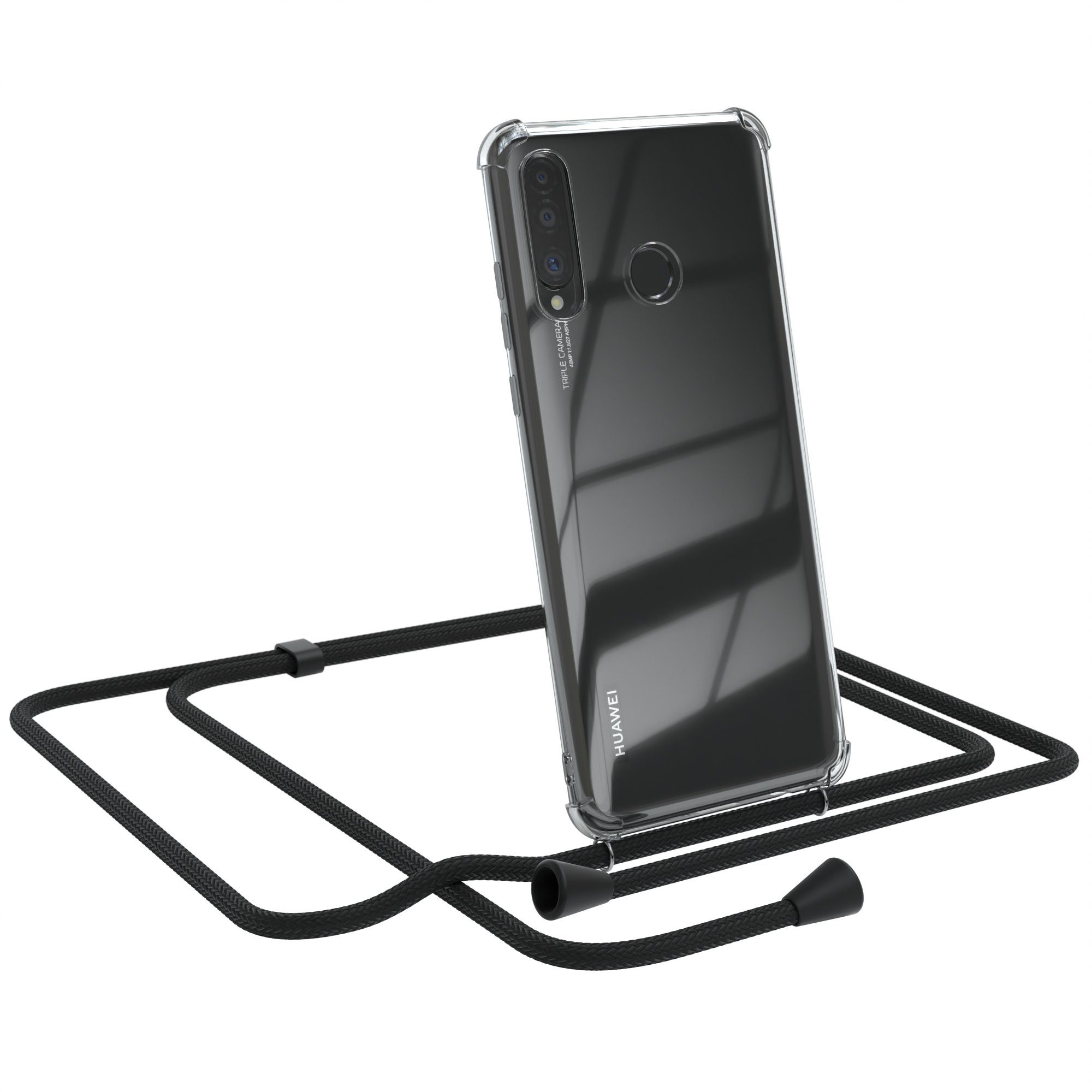 EAZY CASE Handykette Kette Clips Schwarz für Huawei P30 Lite 6,15 Zoll, Slimcover mit Umhängeband Case Handytasche Clear Backcover Schwarz