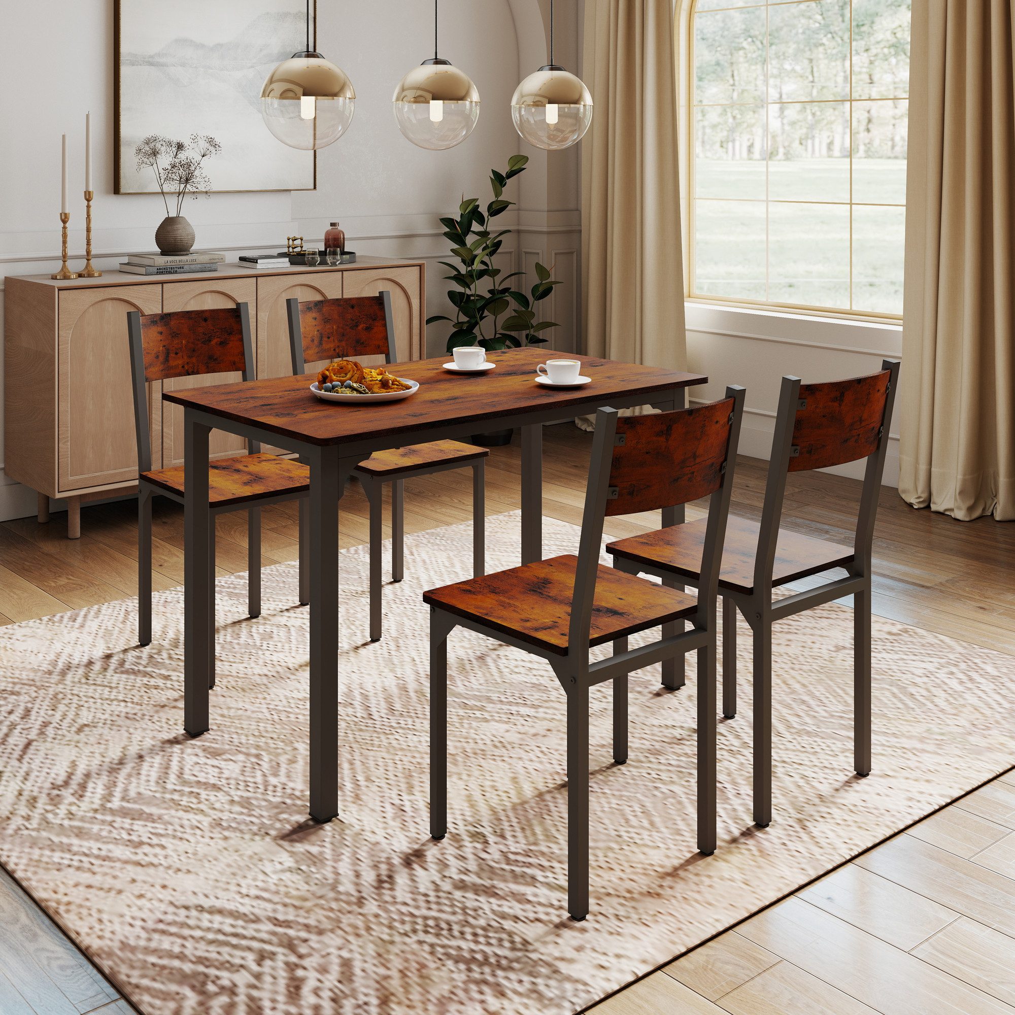 Sunsitt Essgruppe 5-Teiliges Esstisch Set mit Stühle, (Metallgestell Sitzgruppe, Küchetisch mit Stühlen, Essgruppe für Esszimmer, Wohnzimmer), Vintagebraun (2 Packet)