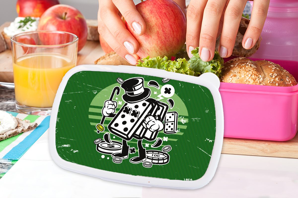 MuchoWow Brotbox Mädchen, (2-tlg), Kunststoff, für Retro, rosa - Snackbox, Erwachsene, Hut - Kunststoff Kinder, Lunchbox Domino-Steine Brotdose