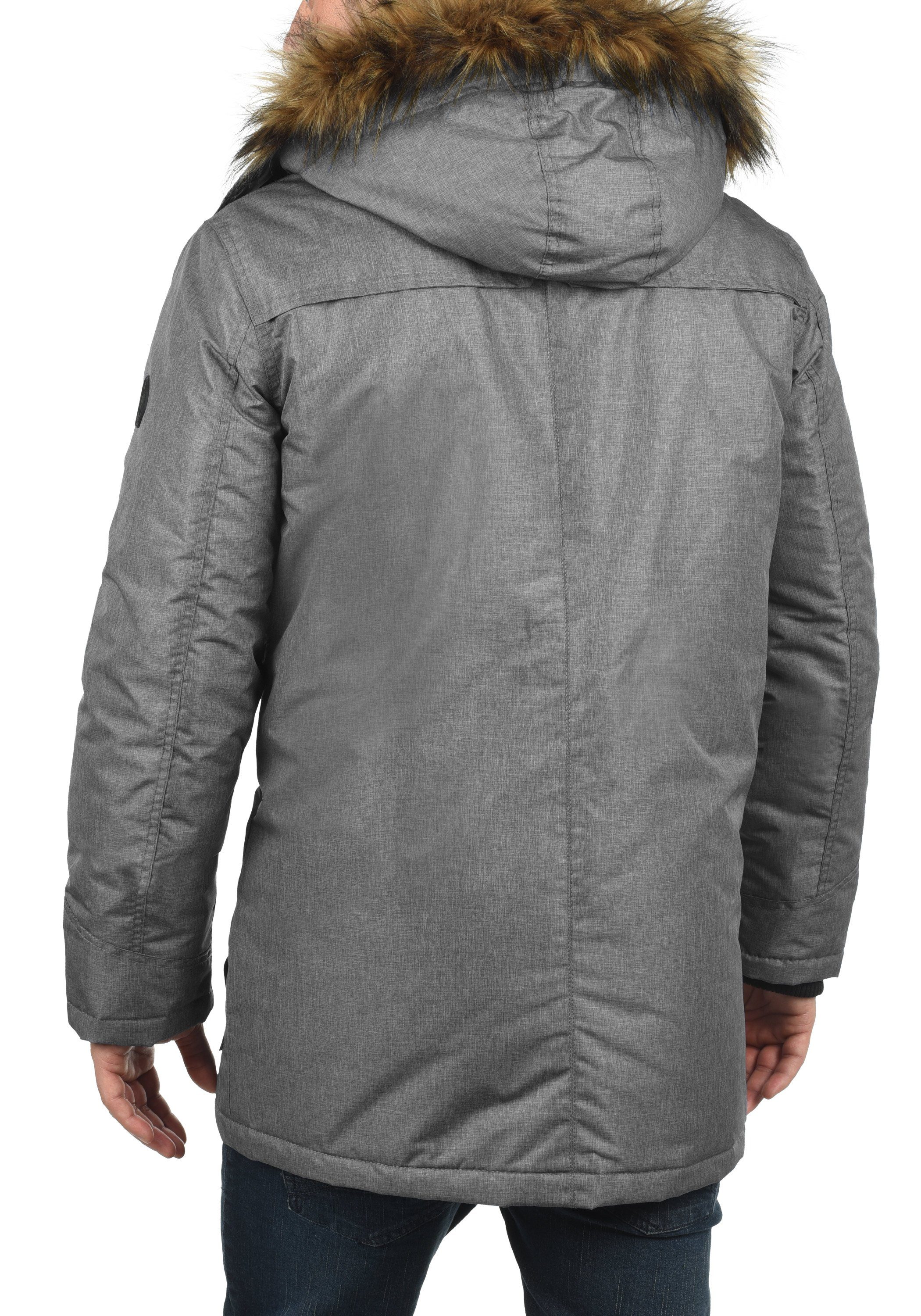 und Kunstfellkragen abnehmbarer SDOctavus Melange lange Jacke mit Winterjacke (8236) Kapuze !Solid Grey