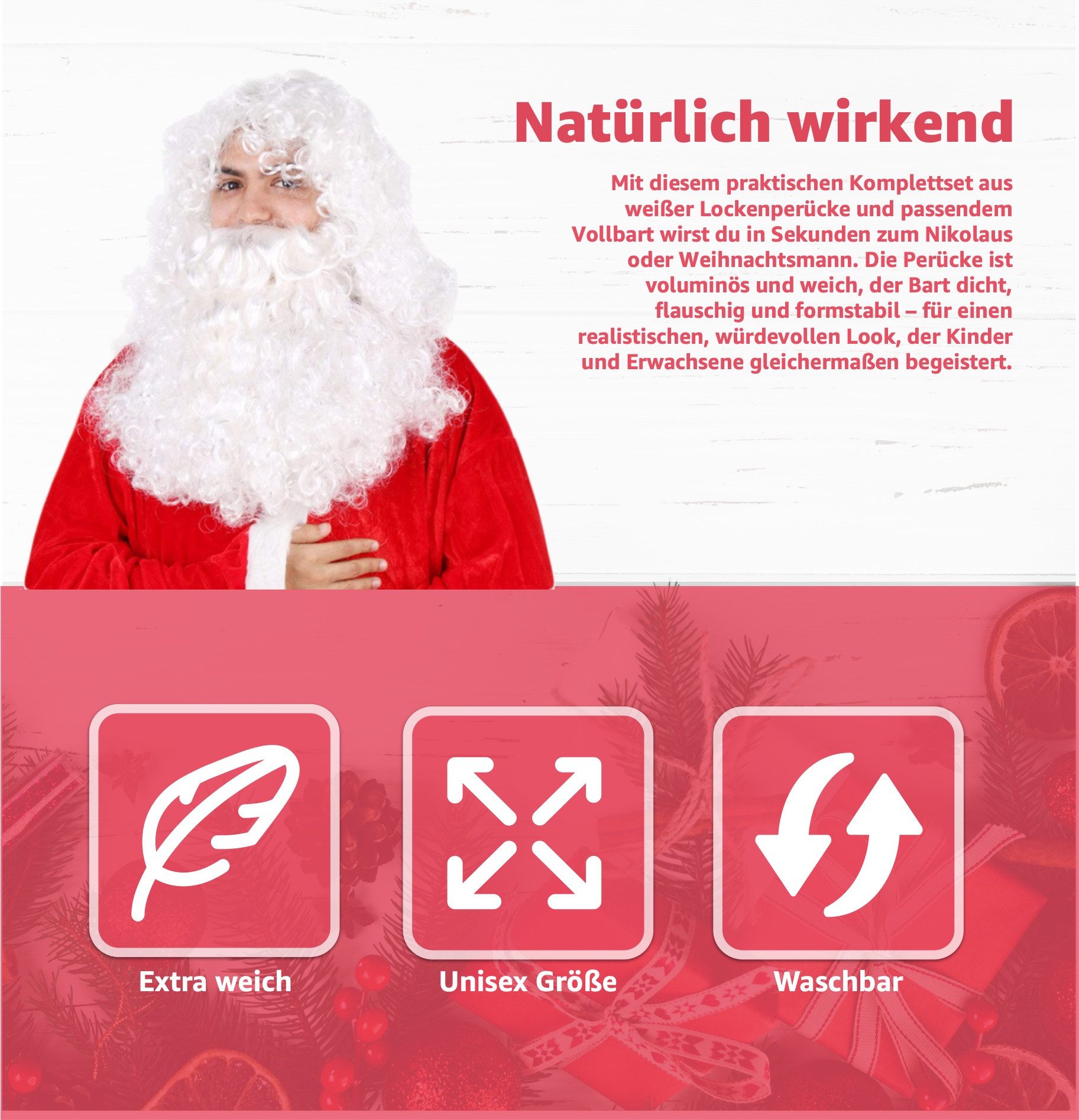 MerryXmas Kostüm-Perücke 2 in 1 - Nikolausbart Set mit Perücke - Weihnachtsmannbart