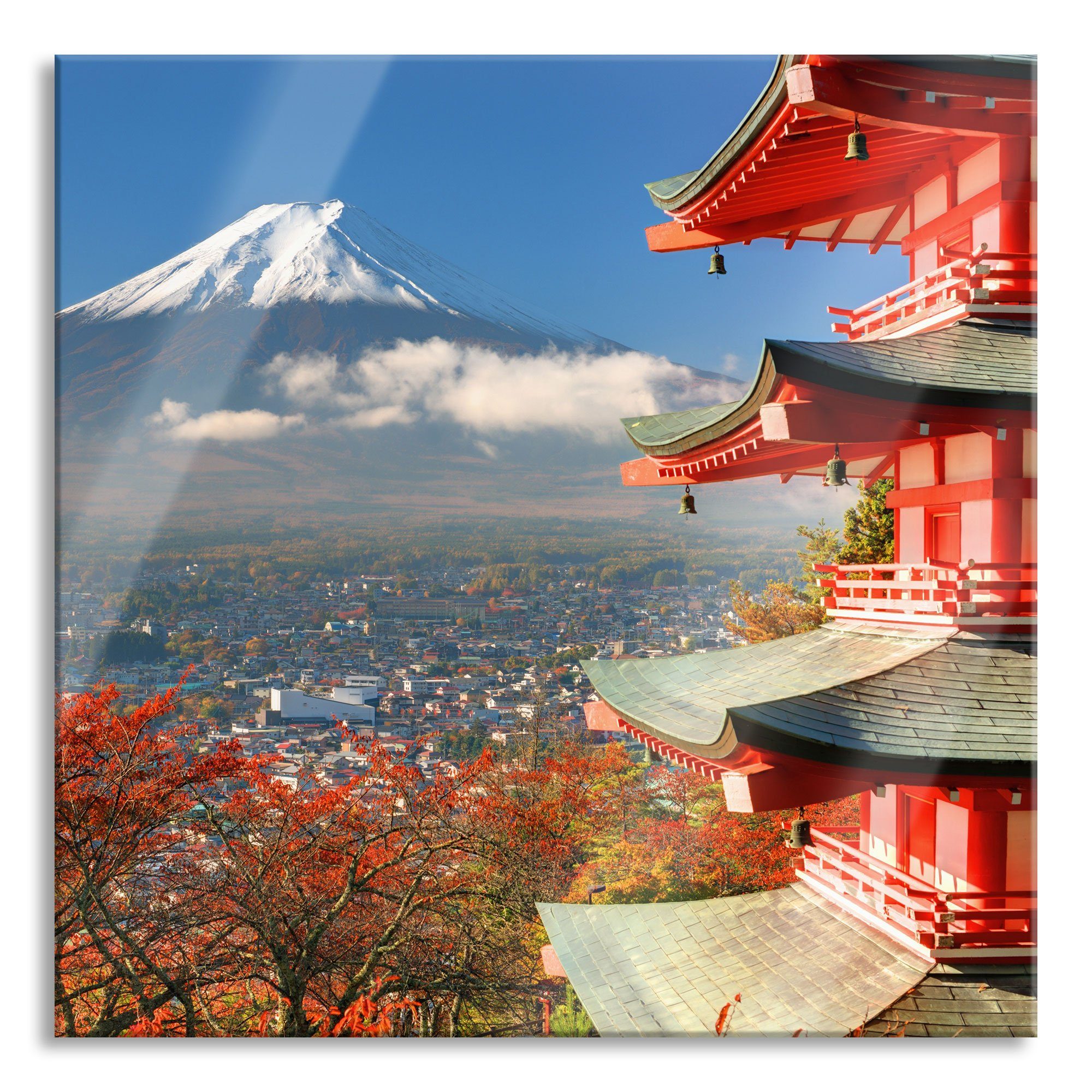 am Japan St), Fudschijama Aufhängungen Tempel Echtglas, Pixxprint inkl. Abstandshalter Japan, und (1 Tempel Glasbild aus am Fudschijama Glasbild