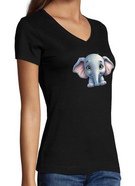 MyDesign24 T-Shirt Damen Wildtier Print Shirt - Baby Elefant V-Ausschnitt Baumwollshirt mit Aufdruck Slim Fit, i272