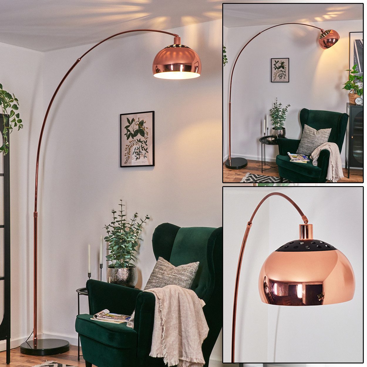 Bogenlampe Stehlampe aus Metall in Schwarz/Kupfer/Weiß/Schwarz mit Marmorfuß