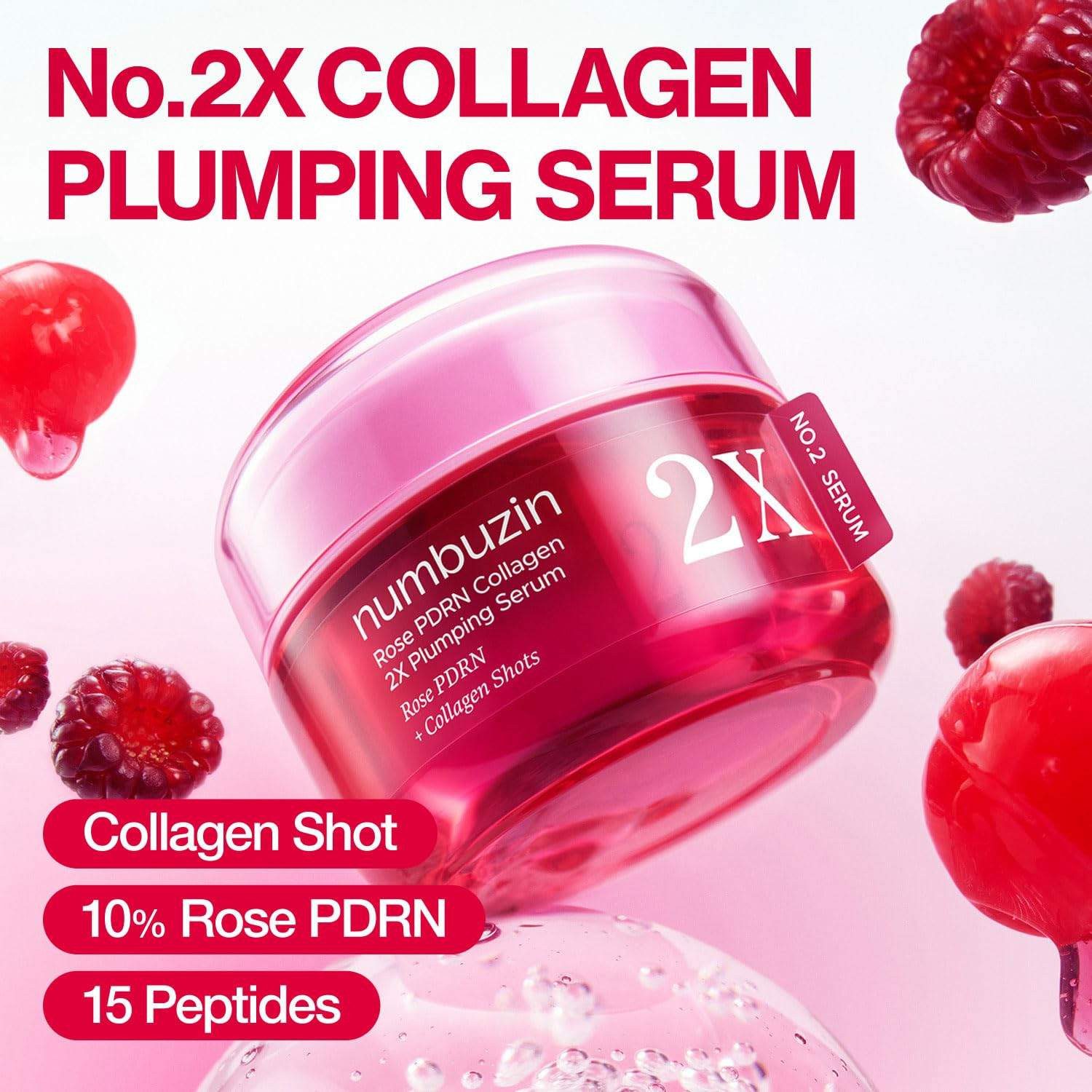 numbuzin Gesichtsserum No.2 Rose PDRN Collagen 2X Plumping Serum 30ml – Aufpolsterndes Gesichtspflege Serum mit Collagen Water, 15 Peptiden & Niacinamide, für Hydration, Straffung, Glow & jugendlich strahlendes Hautbild