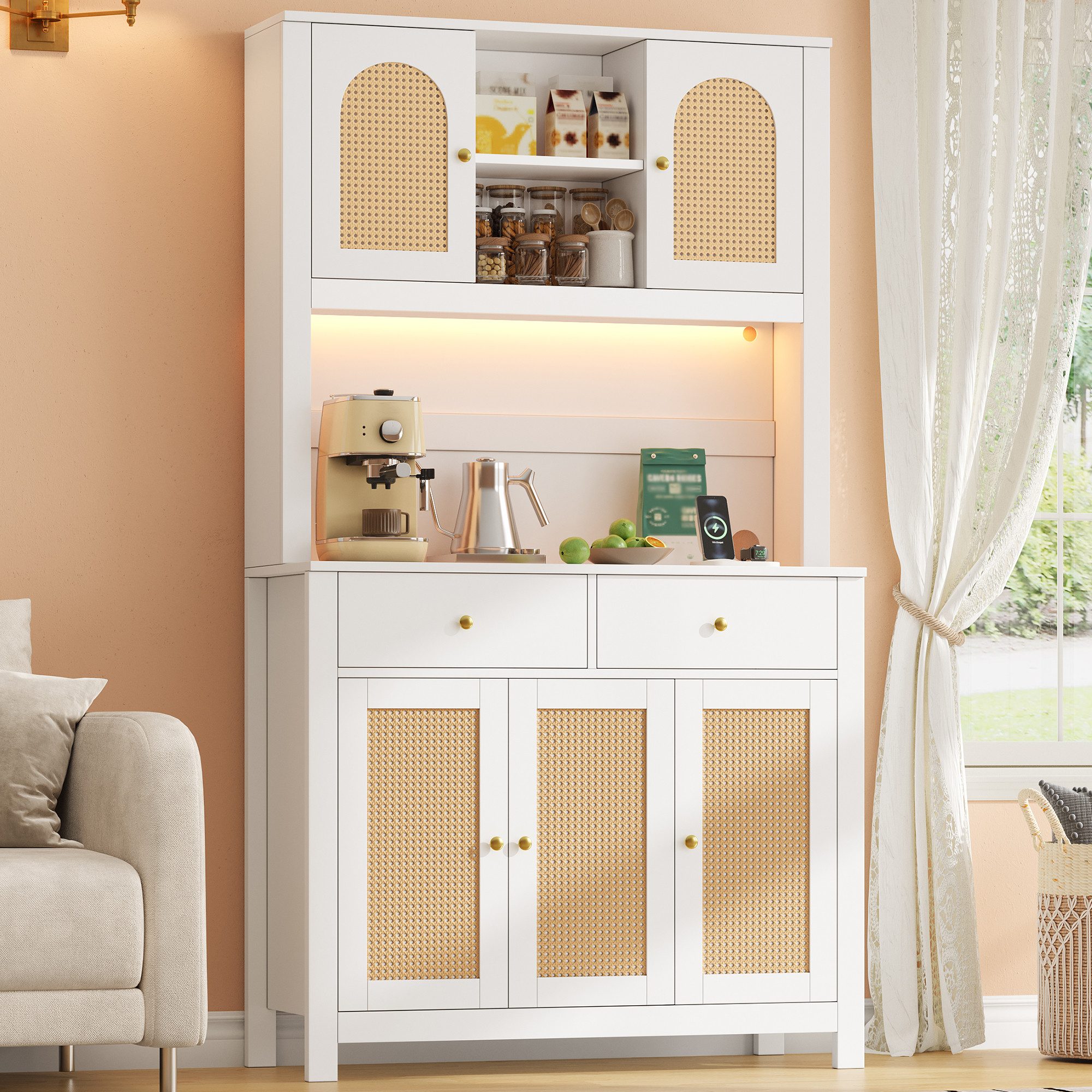 Flieks Küchenbuffet Hochschrank mit LED-Beleuchtung, Steckdosen, Rattantüren, 2 Schubladen (Ladefunktion, 1-St., B100xT40xH180 cm) Küchenschrank Mehrzweckschran – Bild 5 von 5