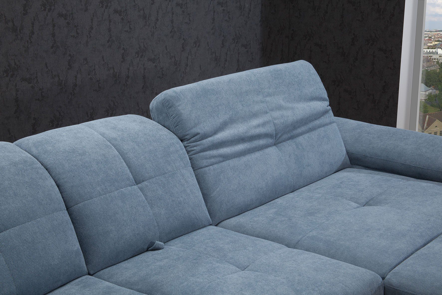 wahlweise Ecksofa Sitztiefenverstellung, mit alina blaugrau und inkl. 26 Bettkasten XBO Tessa, Bettfunktion