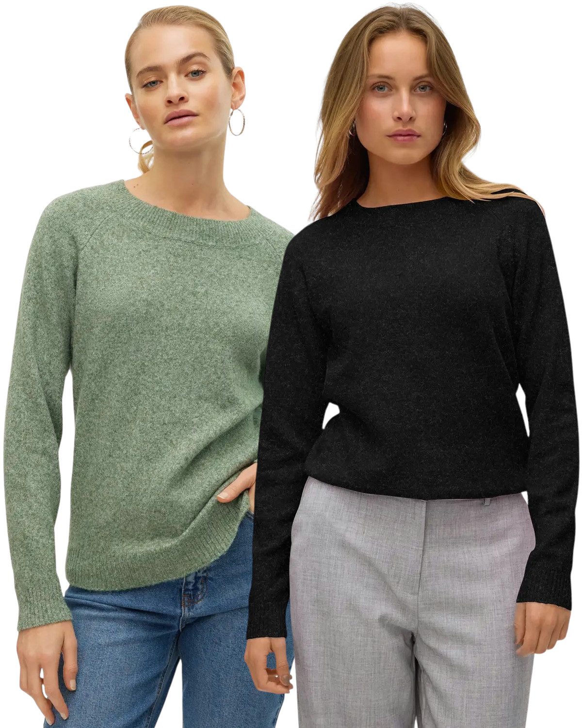 Vero Moda Rundhalspullover (2er-Set) Feinstrick Pullover basic unifarben für jeden Tag