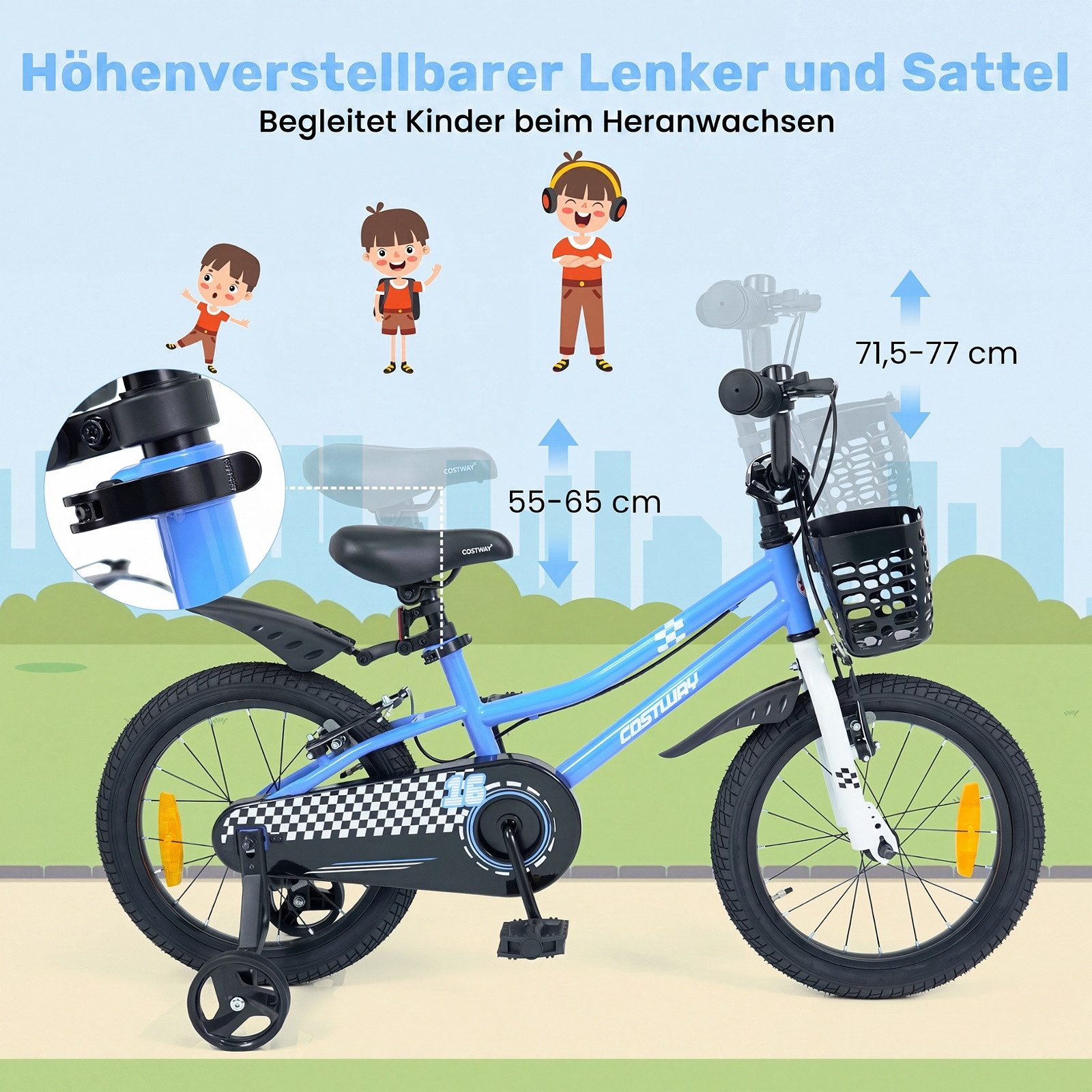COSTWAY Kinderfahrrad, Mit Korb, Klingel, Schutzblech & Stützrädern