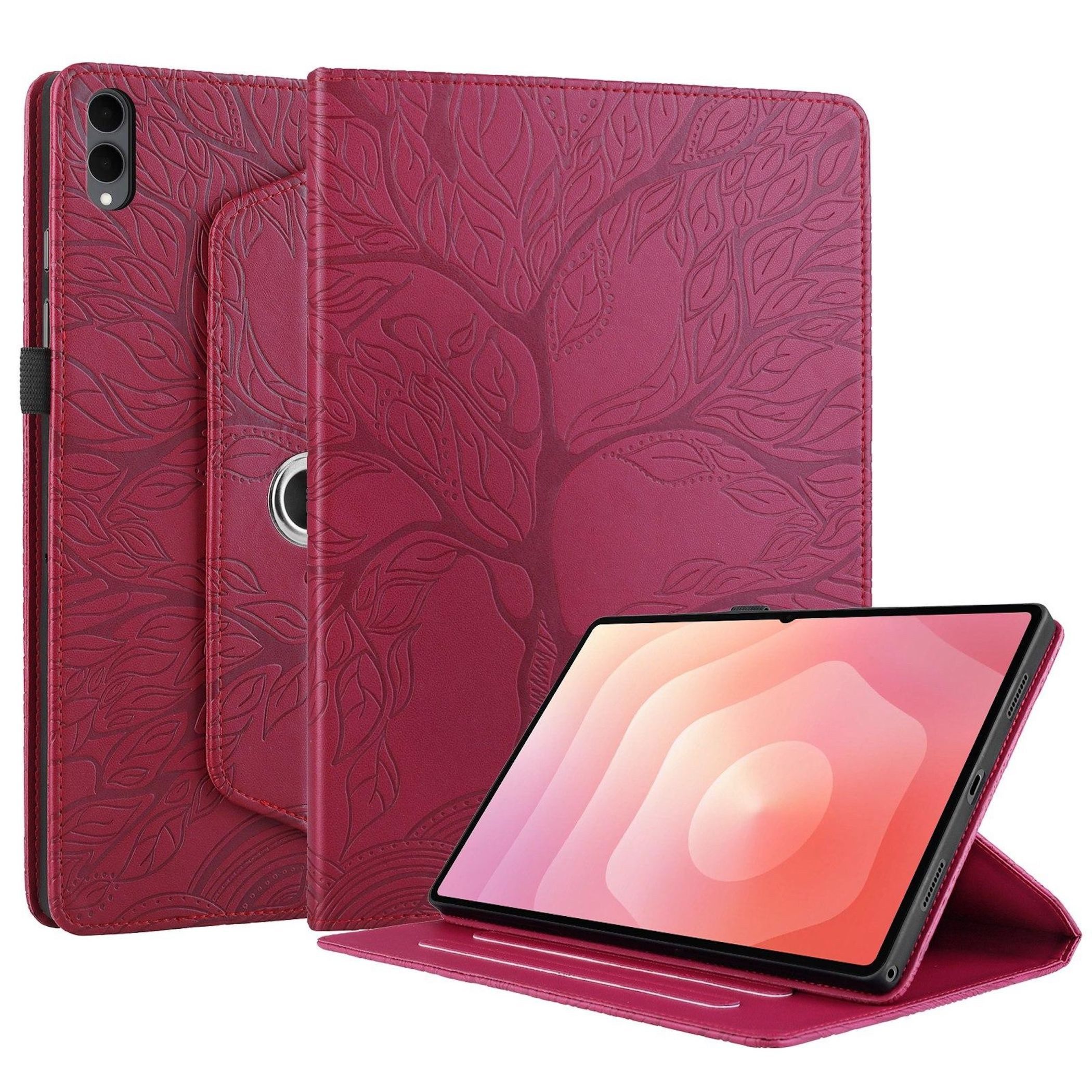 Wigento Tablet-Hülle Für Samsung Galaxy Tab S11 Ultra 360 Grad Baum Kunstleder Tasche Rot, 360° Drehfunktion, Baum des Lebens Motiv, Standfunktion