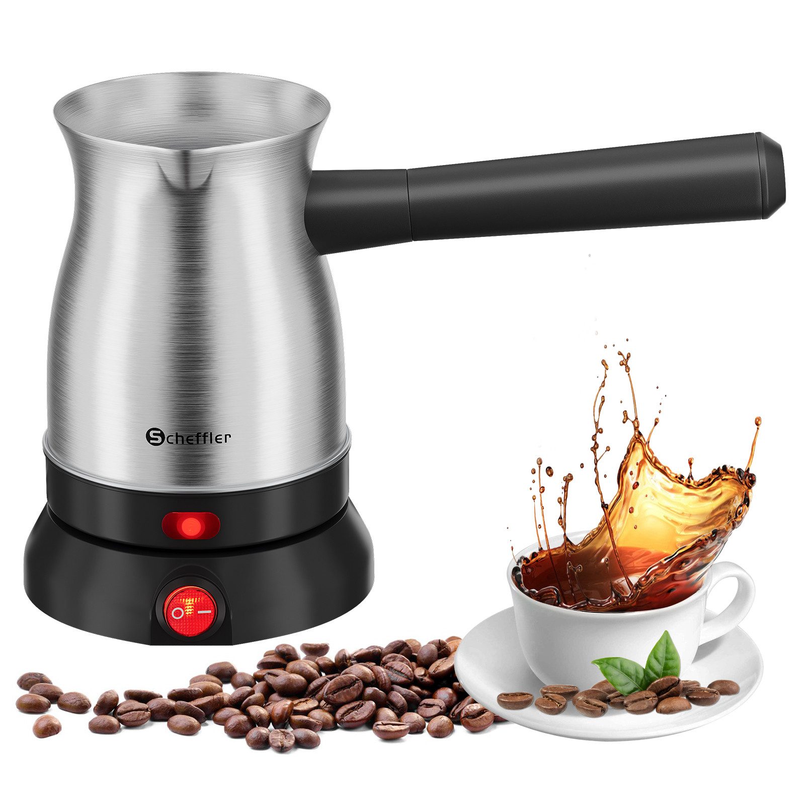 Scheffler Kaffeekanne Edelstahl Kaffeemaschinen Türkische Kaffeekocher French Press, 0,5 l, (1-St., Milchkanne), Abnehmbarer Griff, LED-Kochanzeige Für Zuhause Büro Reisen