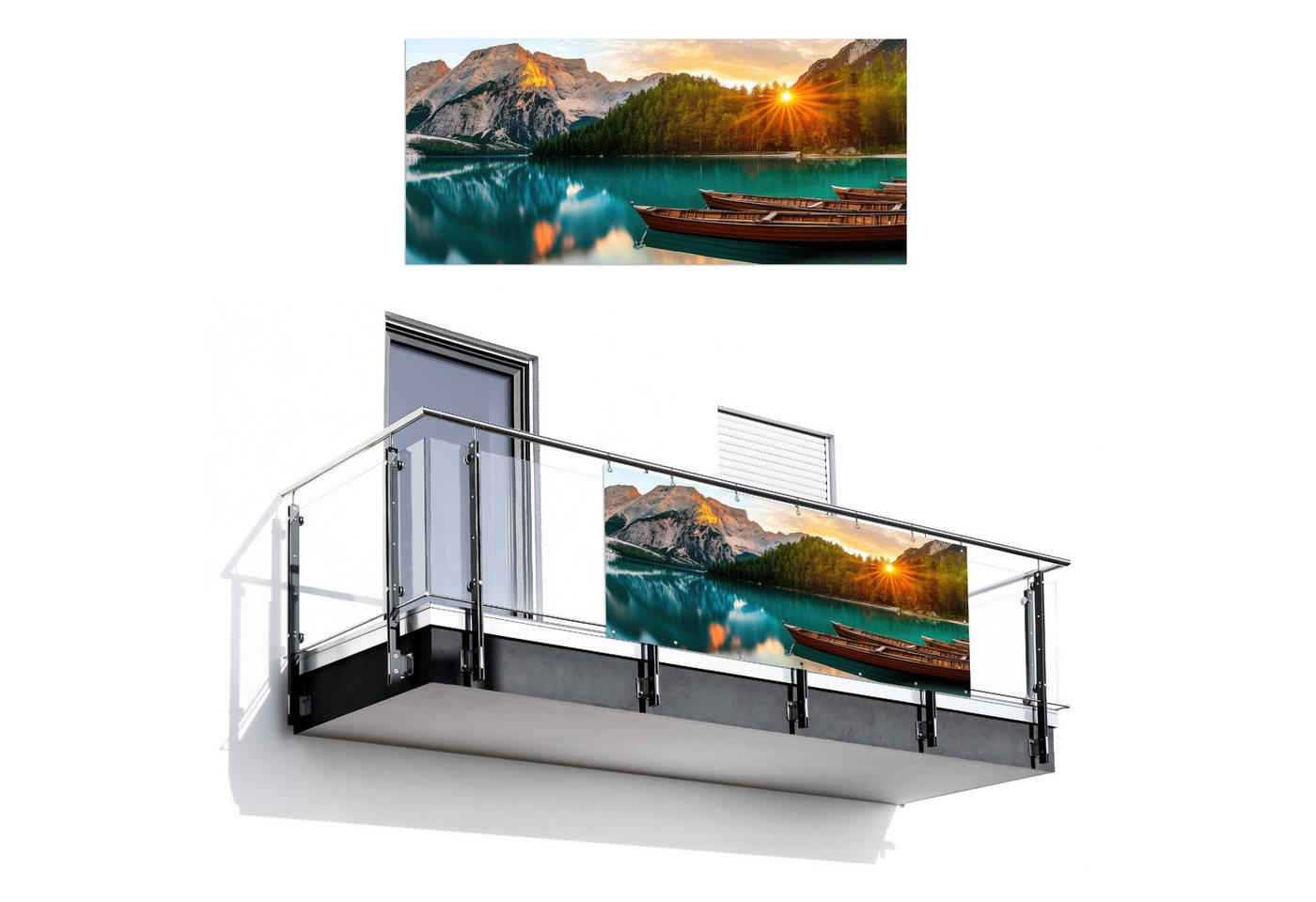 MuchoWow Balkonsichtschutz See - Berge - Sonnenuntergang - Boot (1-St) Balkon Sichtschutz 90x200, Windschutz für Zaun PVC, 200x90 cm