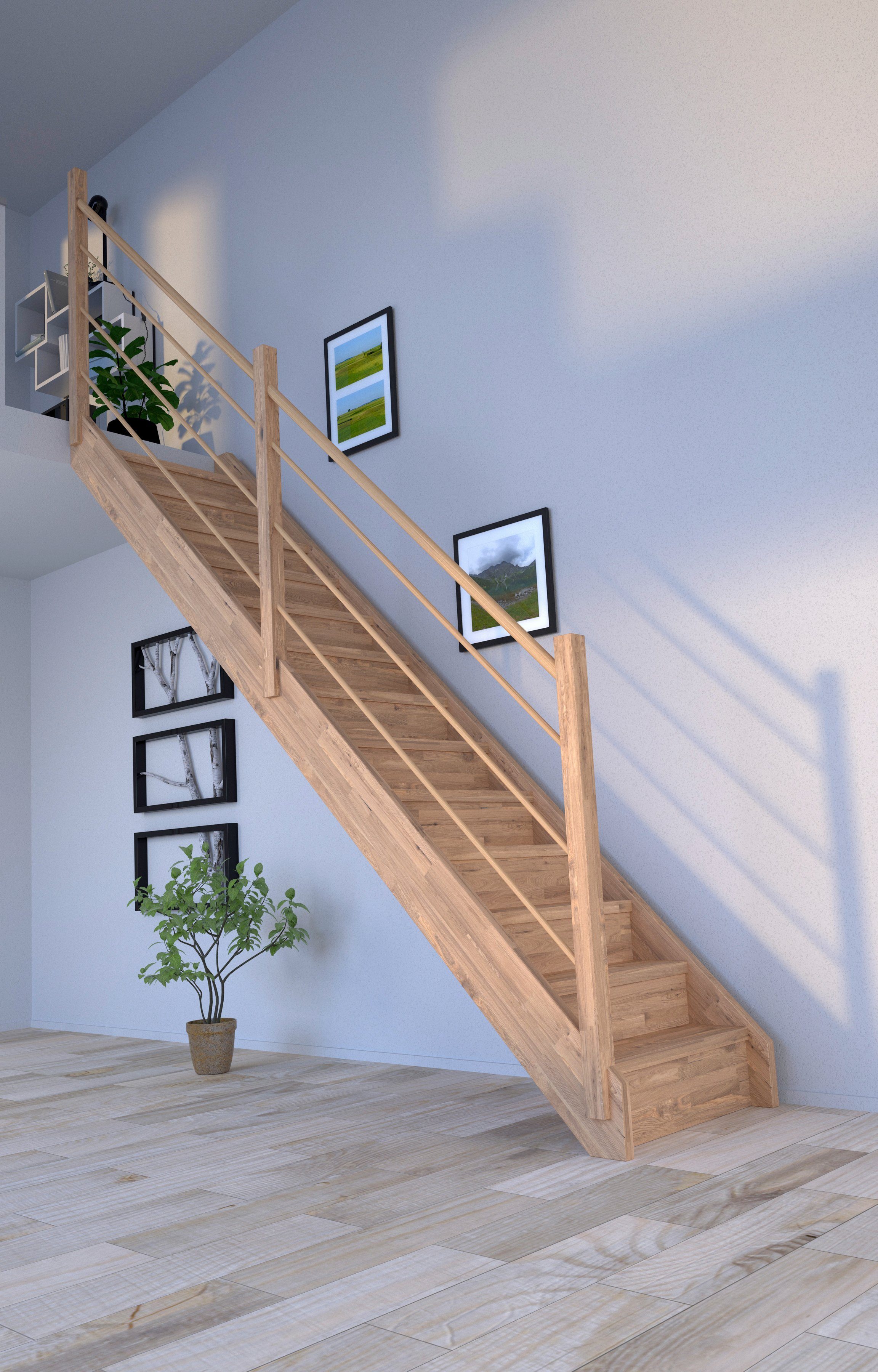 Starwood Systemtreppe Massivholz Mykonos, Holz-Holz Design Geländer Links, für Geschosshöhen bis 280 cm, Stufen geschlossen, Durchgehende Wangenteile