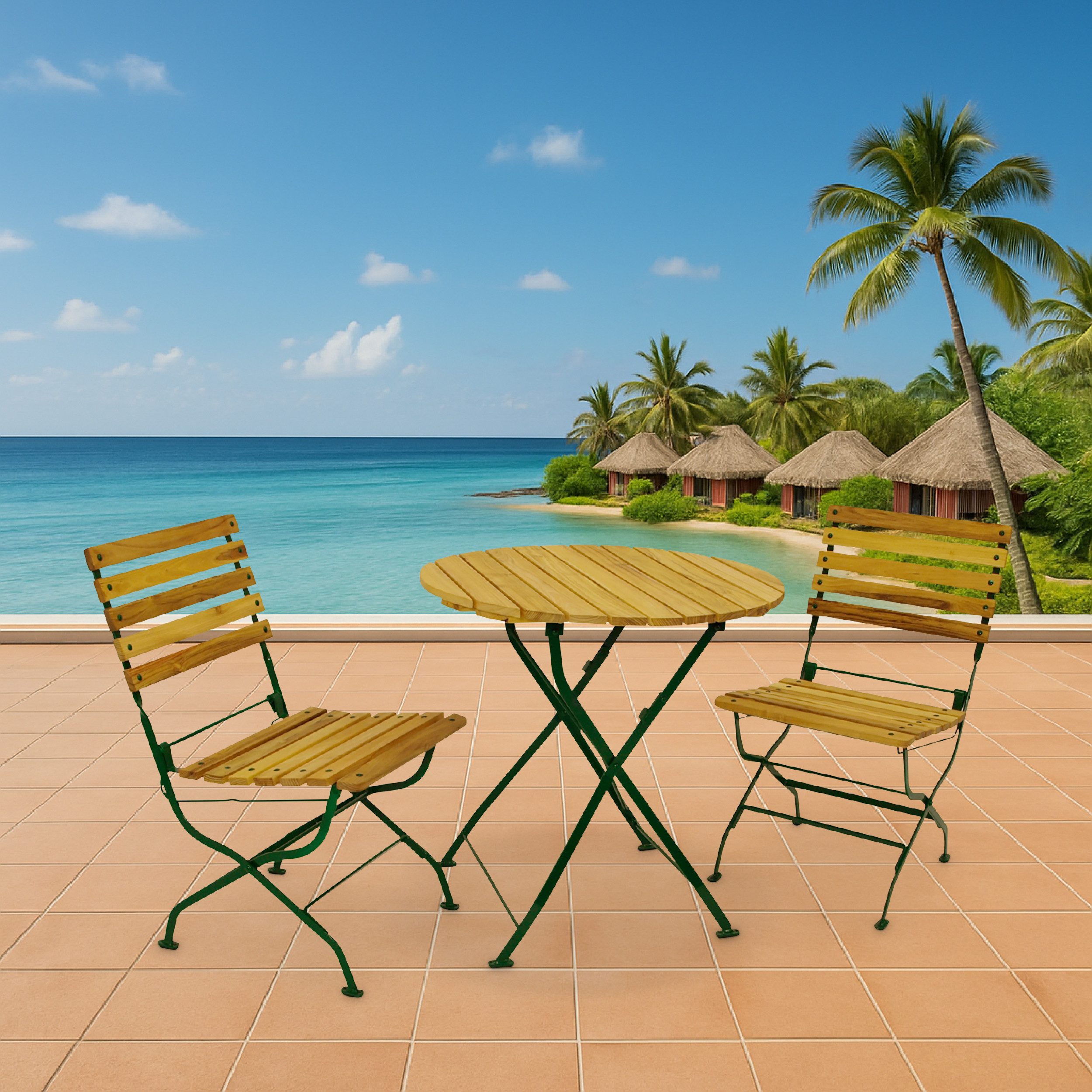 TPFGarden Sitzgruppe NEWCASTLE, (Gartenessgruppe 3-teilig - Gartenmöbel Set 2 Personen - Flachstahl, 3-tlg., Gartensitzgruppe Robinienholz - Bistrotisch Set mit 2 Stühlen - grün), (2x Stuhl, 1x Tisch 77cm rund)