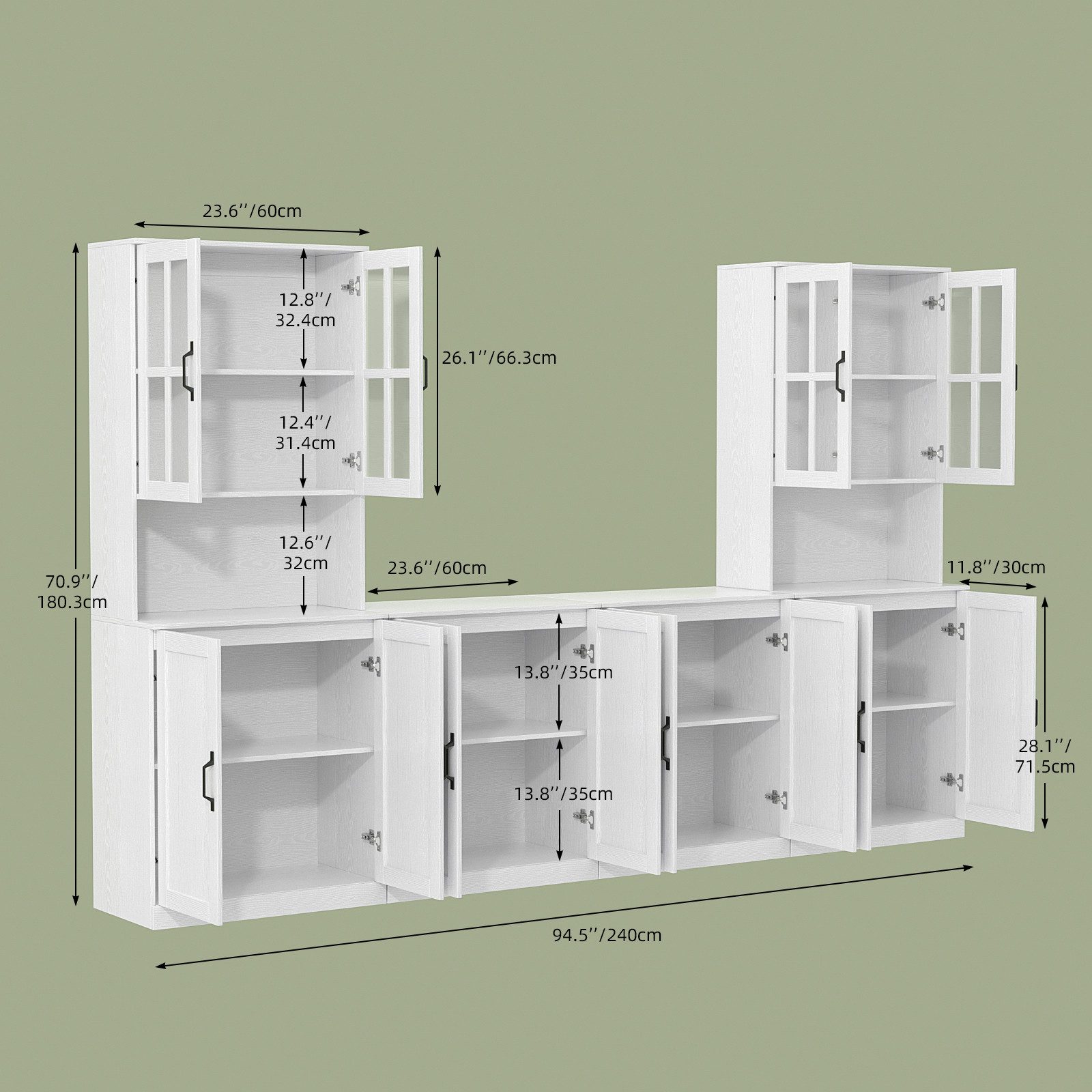 VOWNER TV-Schrank Modularer Wohnzimmerschrank mit Glastüren & Bücherregalen (4-St) 4-teiliger Fernsehschrank für TV bis 50 Zoll, 240 x 180 x 40 cm