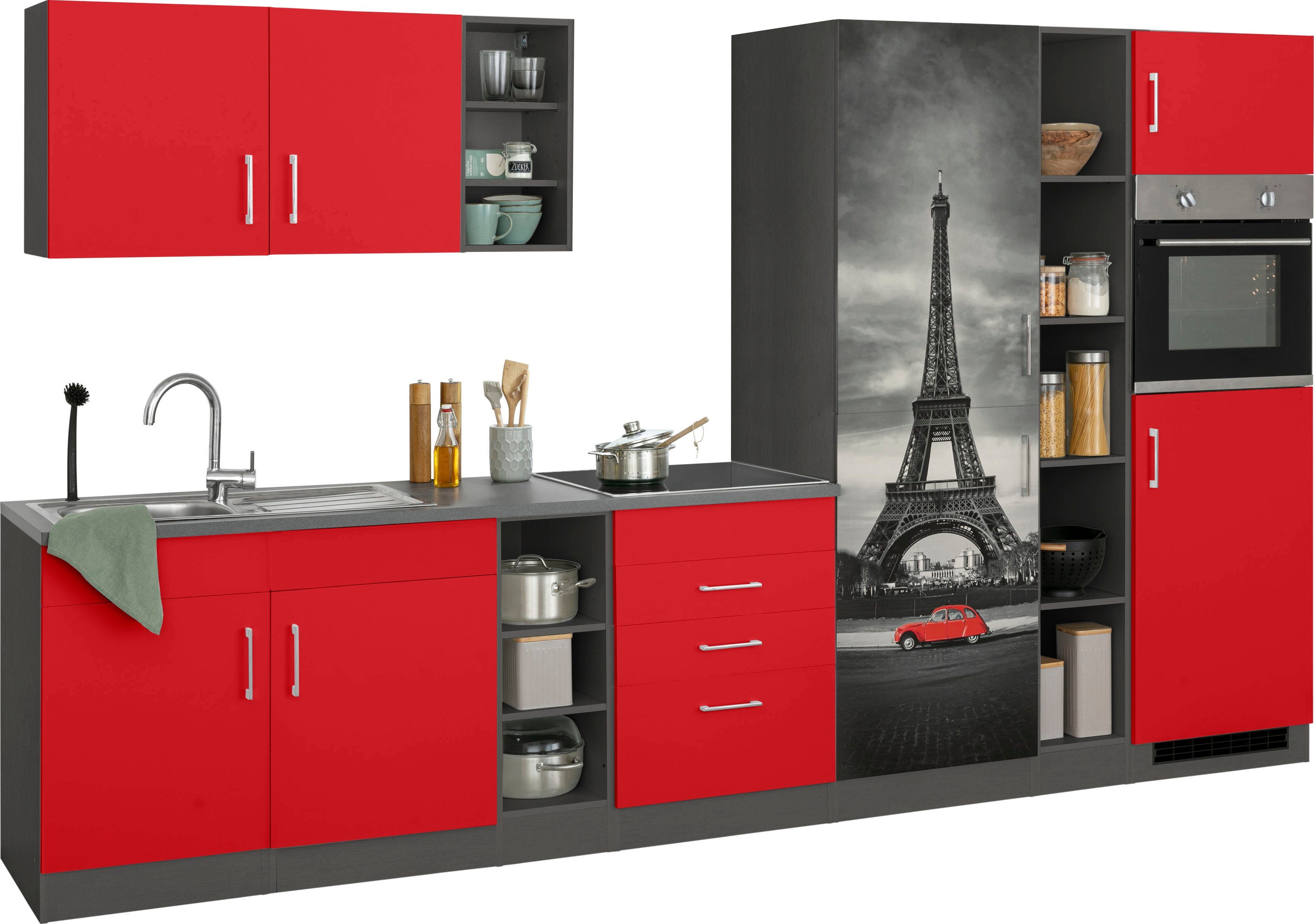 KOCHSTATION Küchenzeile KS-Paris – Küchen mit einzigartigen Fotomotiven auf den Fronten, Breite 340 cm, wahlweise mit E-Geräten und Induktion