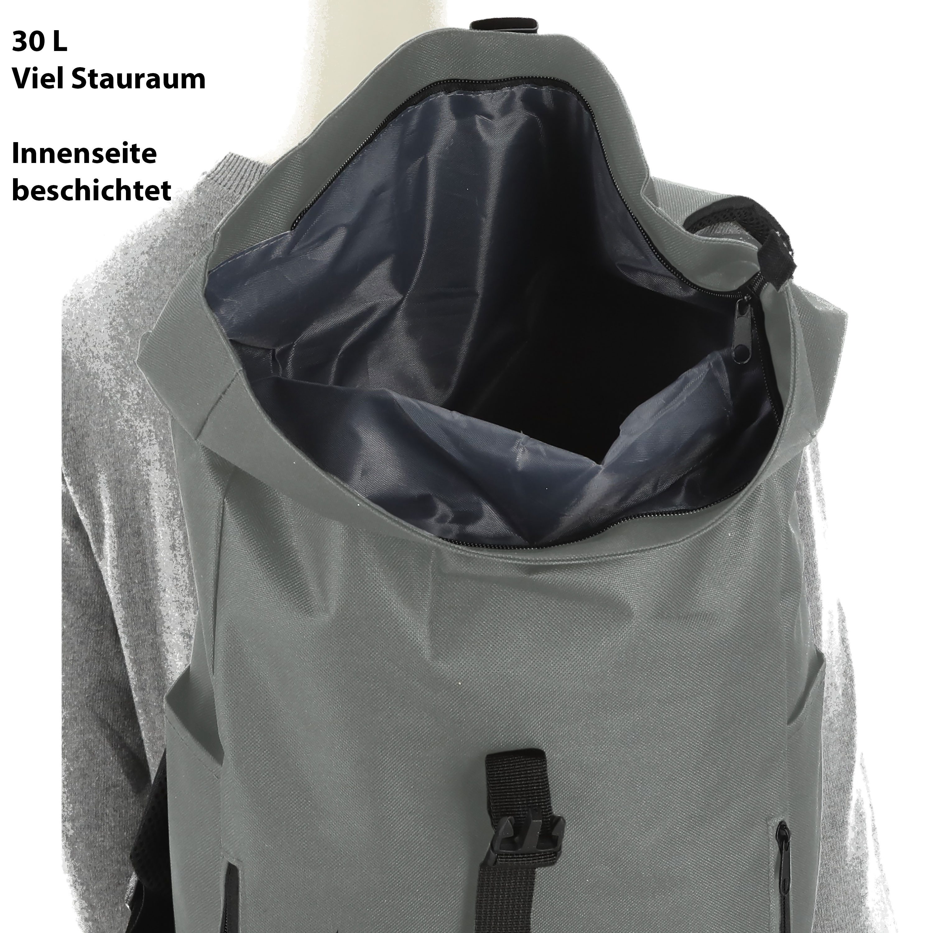 CEPEWA Rucksack Falt Rucksack Urban 30l hellgrau 40x57x15cm 600D Polyester Rolltop – Bild 5 von 5