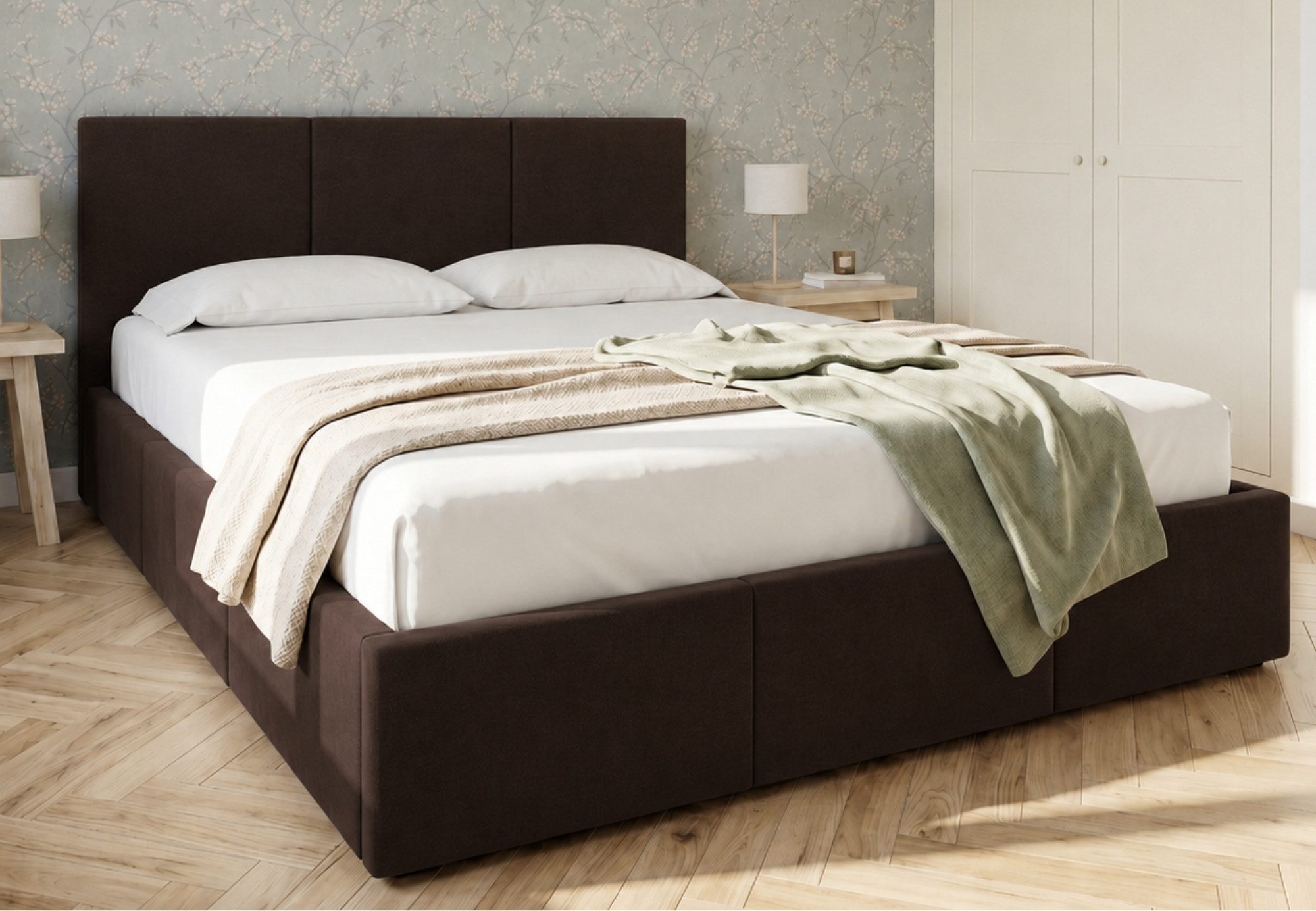 Home Collective Polsterbett Bett Doppelbett Bettgestell mit Lattenrost & Stauraum, mehrere Größen (Größen: 120x200 140x200 160x200 180x200, samtweicher Veloursstoff, in Europa hergestellt), flexibler Lattenrost mit Härtegradeinstellung Schokoladenbraun