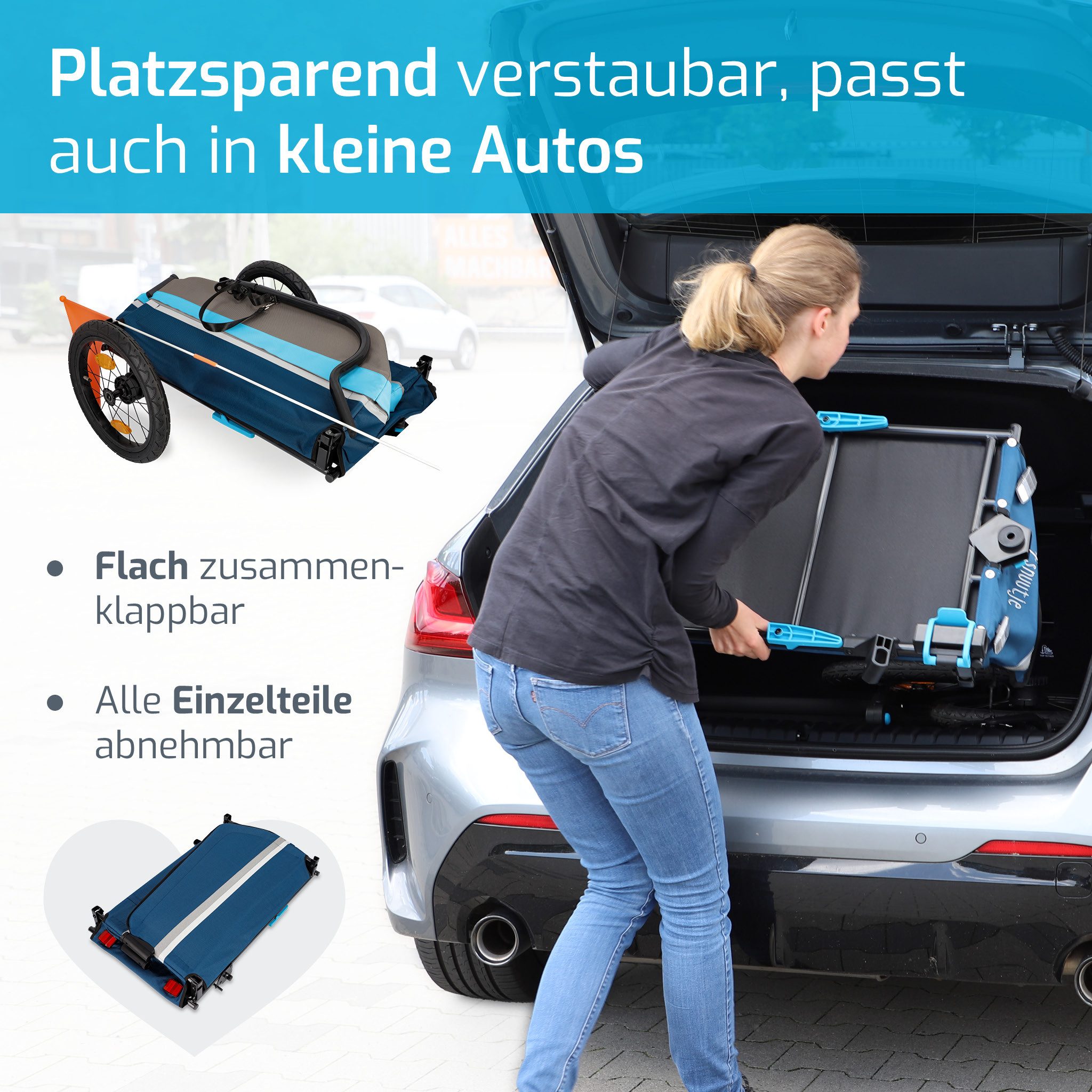 snuutje Familiensachen Fahrradlastenanhänger Fahrradanhänger bis 40 kg, optional mit Handwagen-Zubehör, flach zusammenklappbar, für E-Bikes geeignet