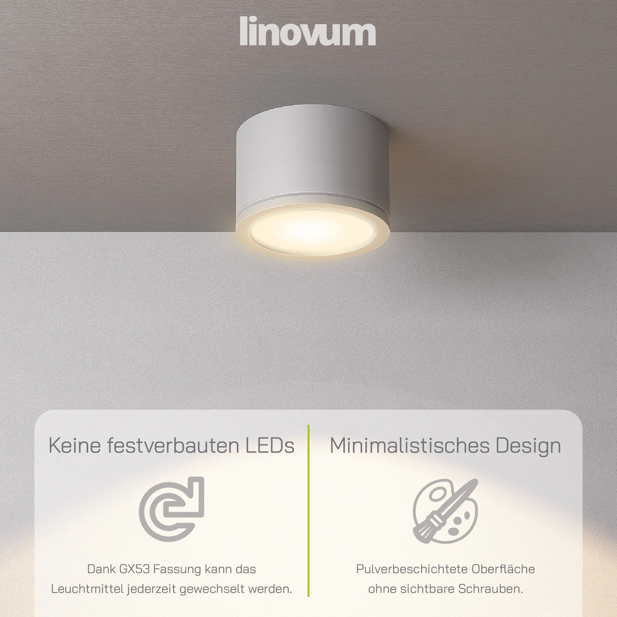 linovum LED Aufbaustrahler NUHA Bad Aufbaustrahler weiß rund IP44 mit Fassung für 1x GX53 Lampe