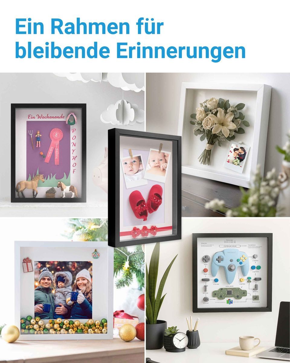 PHOTOLINI Bilderrahmen 2er Set 3D-Objektrahmen tief zum Befüllen mit Glasscheibe, für 2 Bilder (2er Set), tiefe Rahmen A4 21x30 cm mit Passepartout für Objekte  – Bild 5 von 5