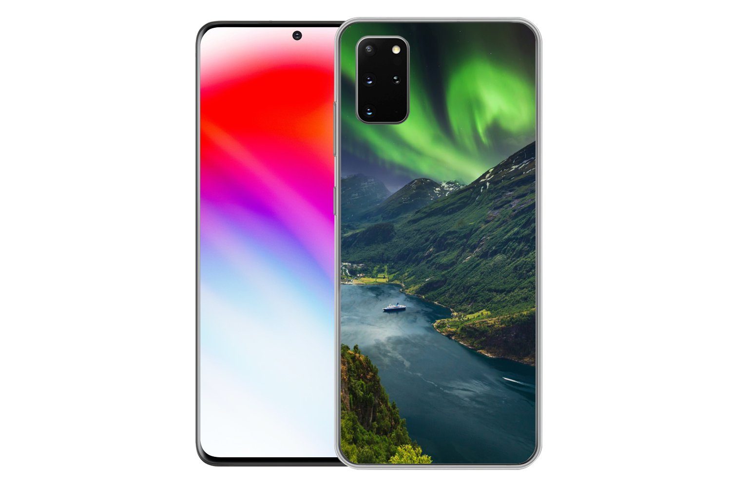 MuchoWow Handyhülle für Samsung Galaxy S20 Plus Nordlichter - Berg - Boot - Norwegen, Phone Case, Silikon, Schutzhülle Dünn