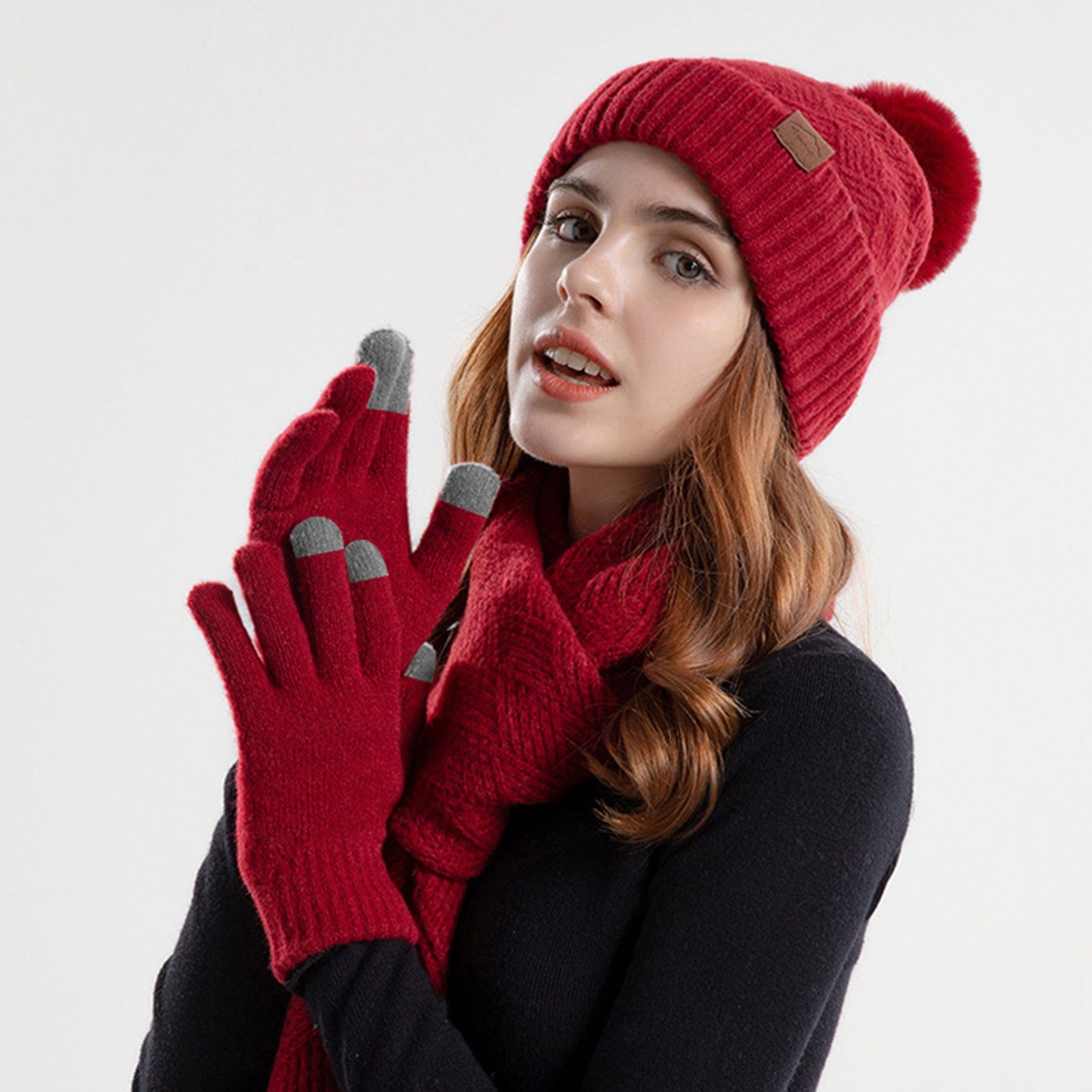Strickmütze 1 Damen 3 Winter Khaki In Rutaqian Schal Handschuhe,Damen Set, Strickmütze Warme