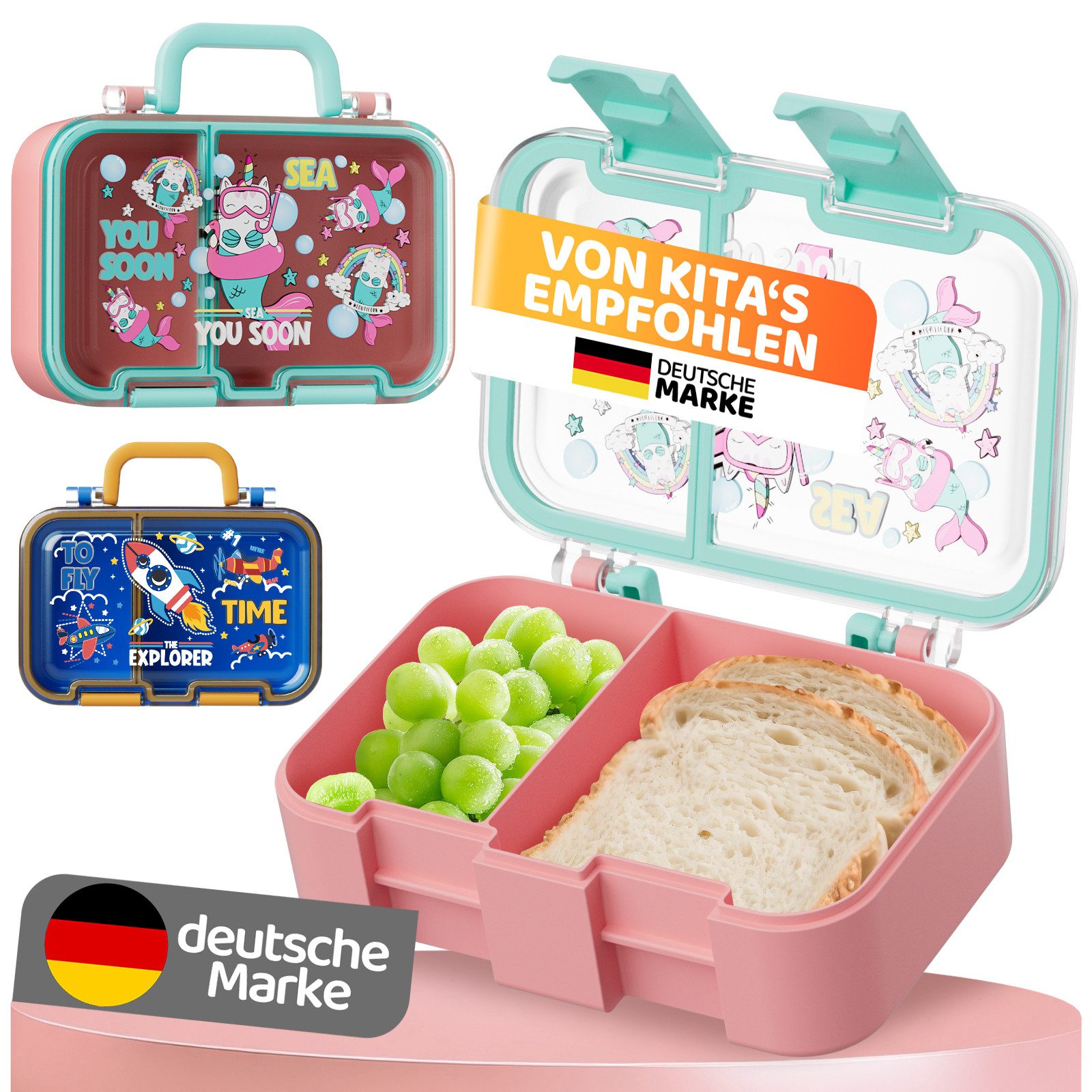 Bundviel Lunchbox Brotdose Kinder mit Fächern Bento Box Auslaufsicher Lunchbox, PP+ABS, (mit 100ml Edelstahl-Dippschale, Kindergarten und Schule - Mädchen und Jungen, Vesperbox, Snackbox)