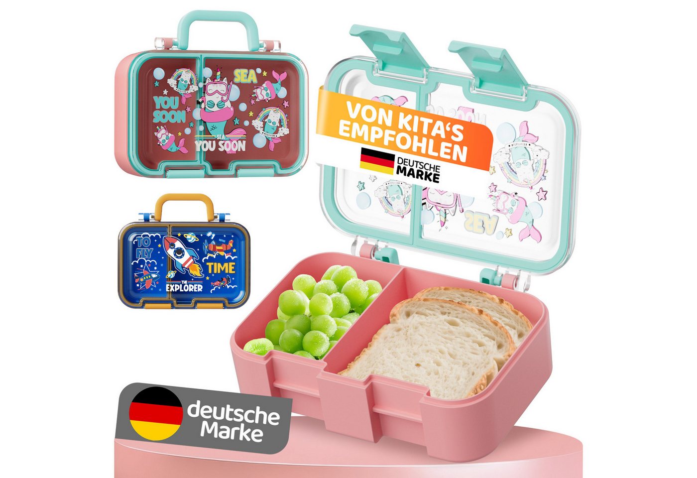 Bundviel Lunchbox Brotdose Kinder mit Fächern Bento Box Auslaufsicher Lunchbox, PP+ABS, (mit 100ml Edelstahl-Dippschale, Kindergarten und Schule - Mädchen und Jungen, Vesperbox, Snackbox)