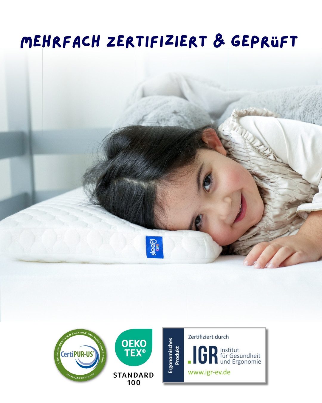 SLEEPI Nackenstützkissen Kids Comfort Kopfkissen, Füllung: Viscoschaum (Memory Foam), Bezug: Tencel®, Rückenschläfer, Seitenschläfer, Bauchschläfer, 60 x 30 x 7cm, ergonomisches Kinderkissen, Kindernackenstützkissen