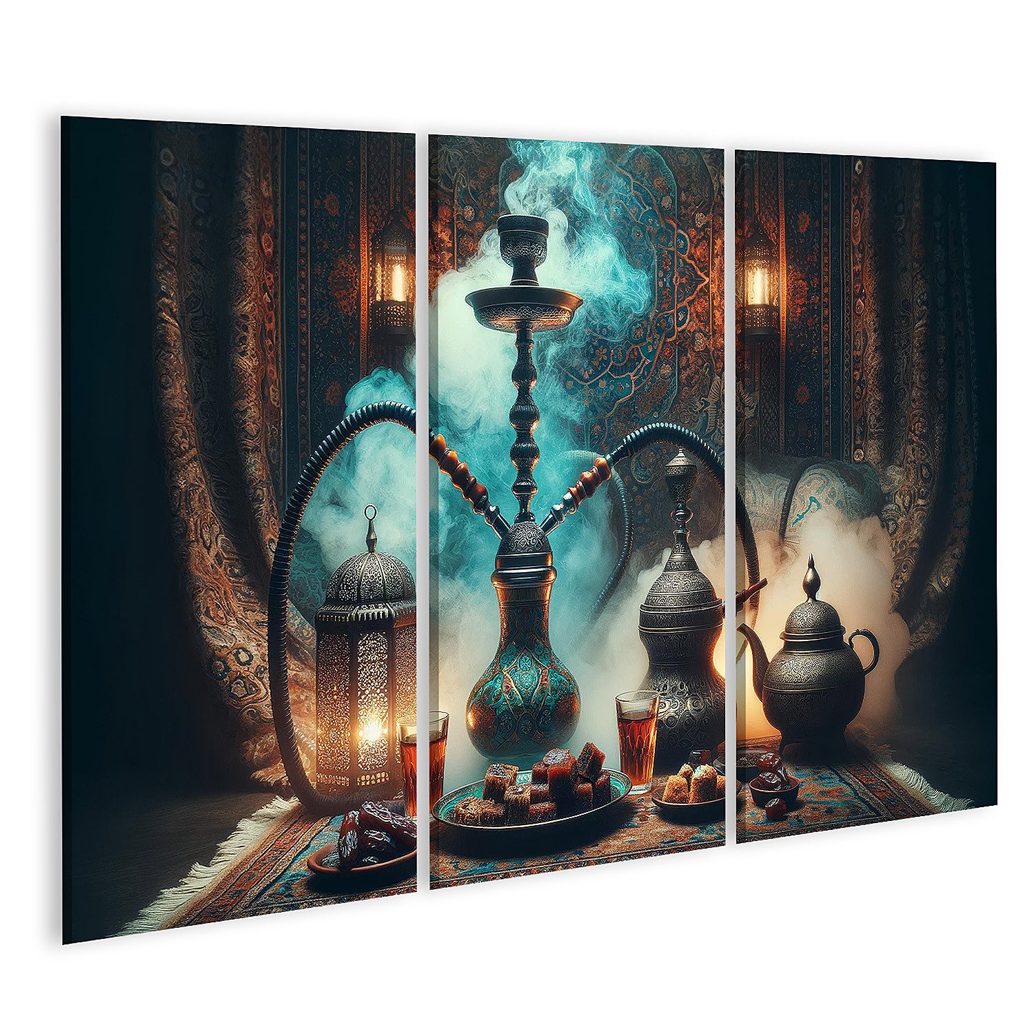 Leinwandbild Orientalische Wasserpfeife mit Tee und Gebäck für Shisha Lounge Bar