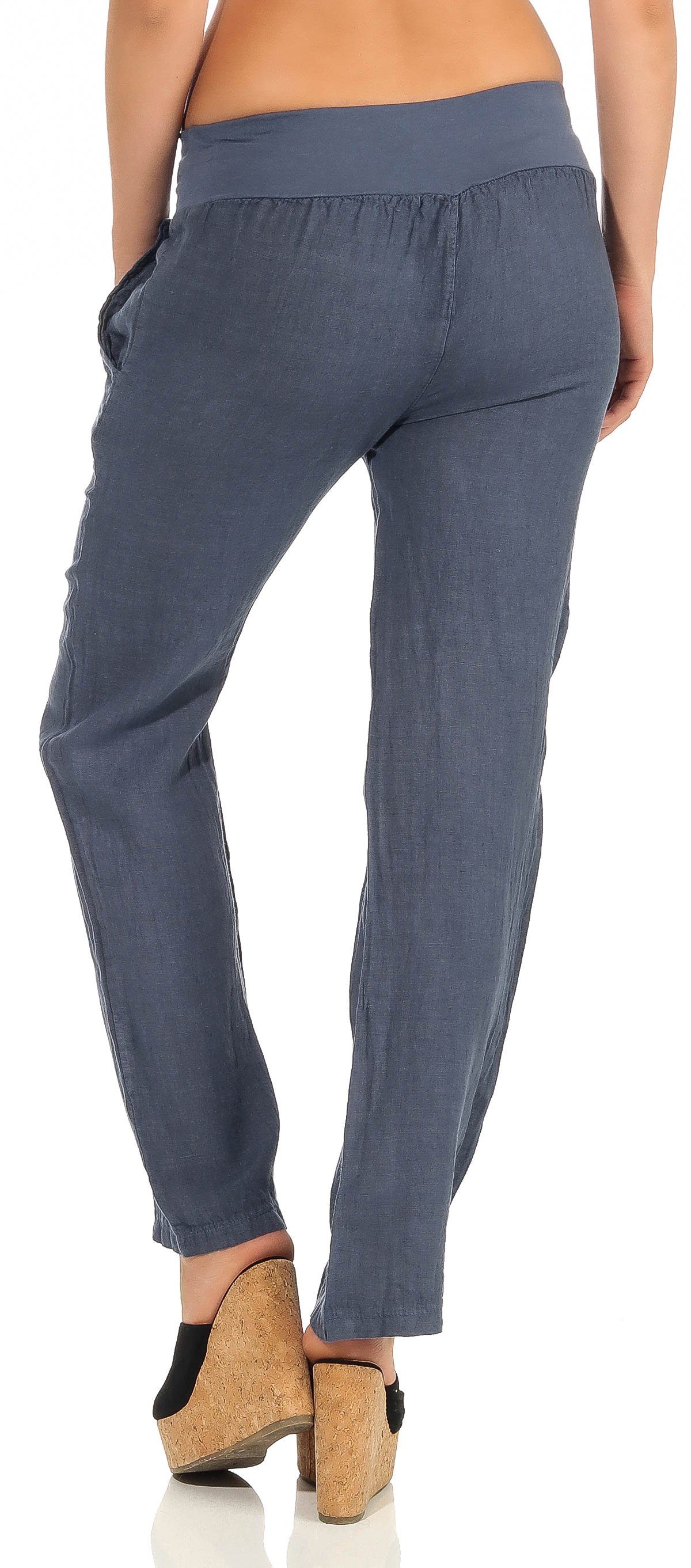 malito more than fashion Leinenhose malito Damen Hose aus Leinen, Stoffhose in Uni Farben, Freizeithose leichte Stoffhose mit elastischem Bund